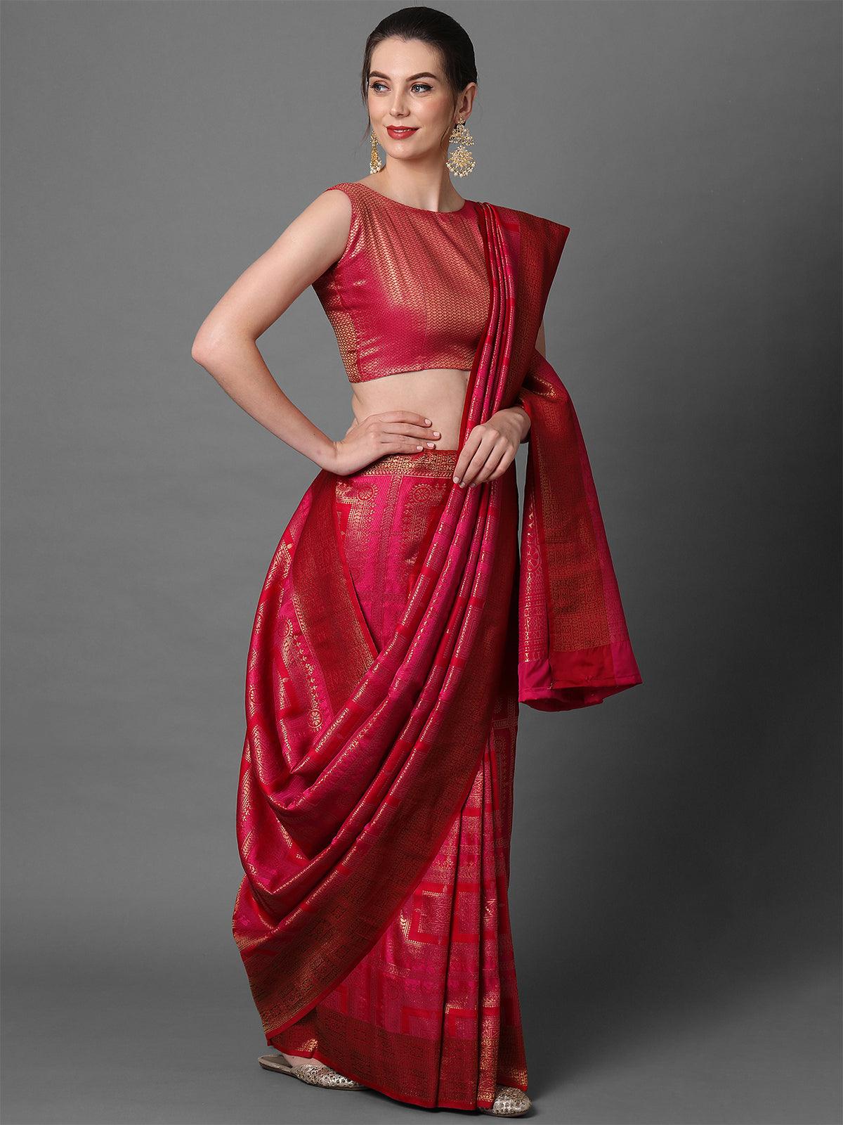 Women's Pink & Red Party Wear Pure Satin Woven Design Saree With Unstitched Blouse - Odette