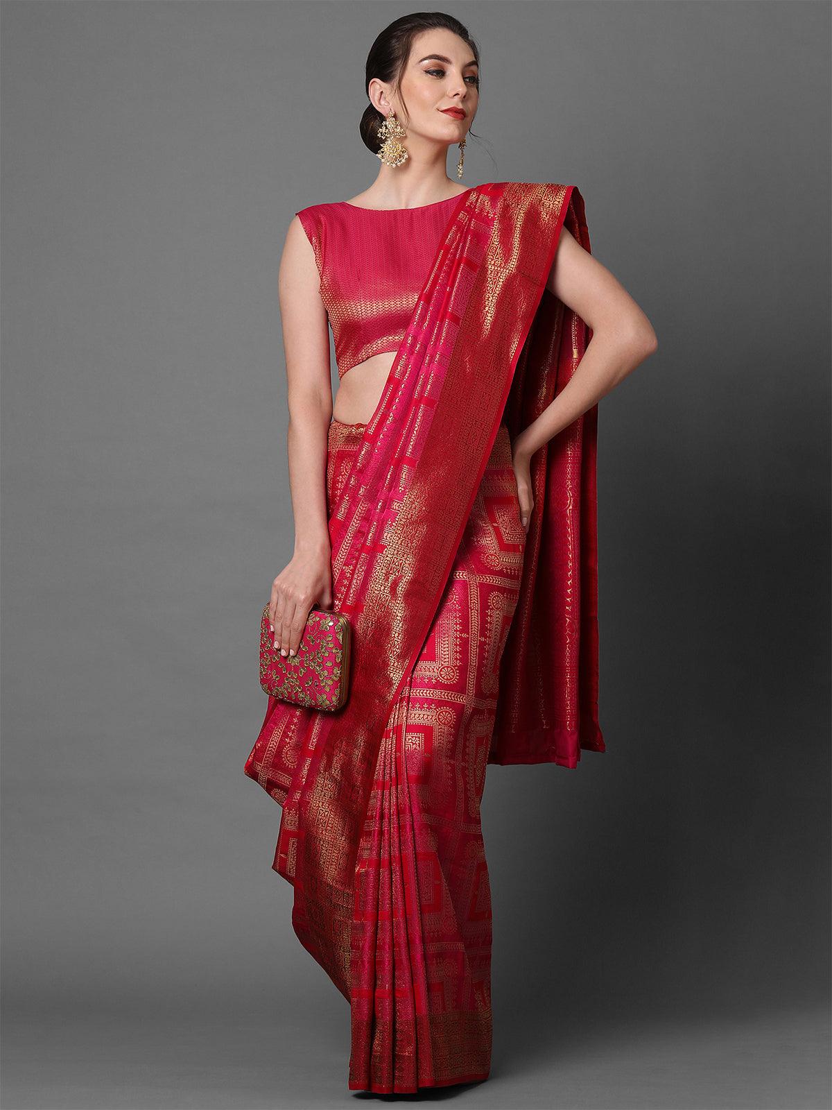 Women's Pink & Red Party Wear Pure Satin Woven Design Saree With Unstitched Blouse - Odette