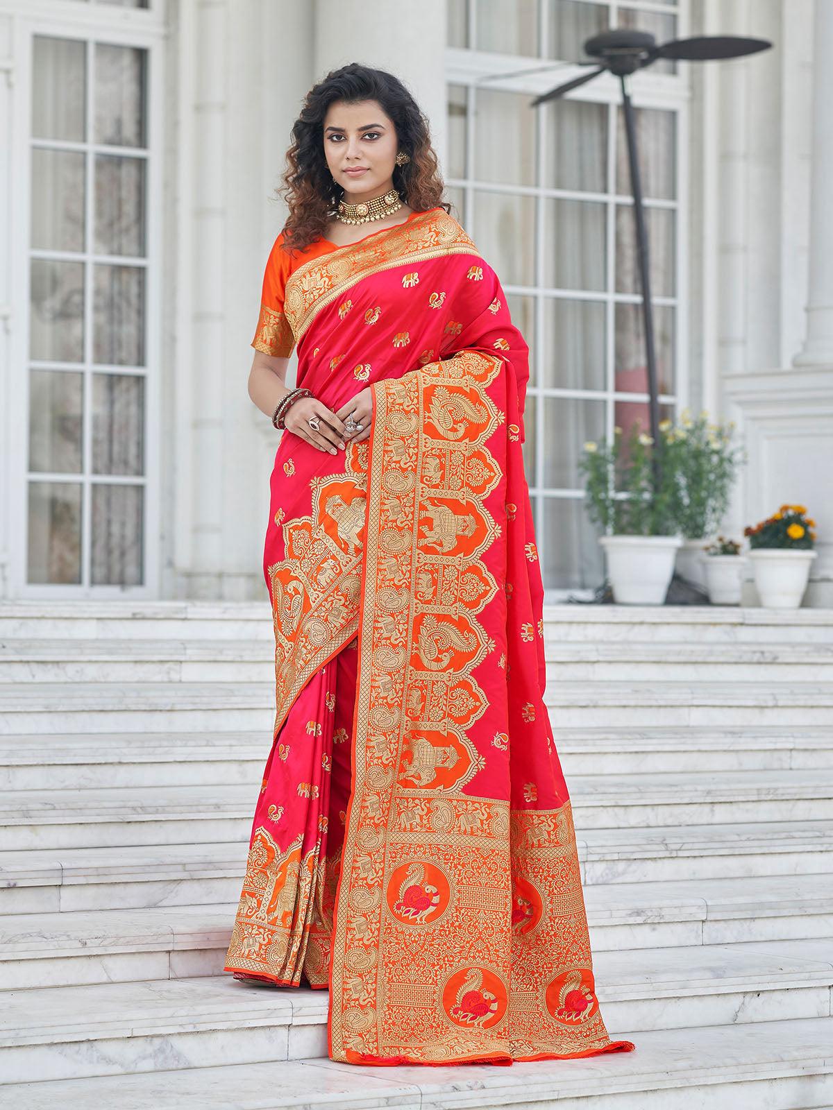 Women's Pink Banarasi Silk Heavy Wevon Jari Designer Saree - Odette