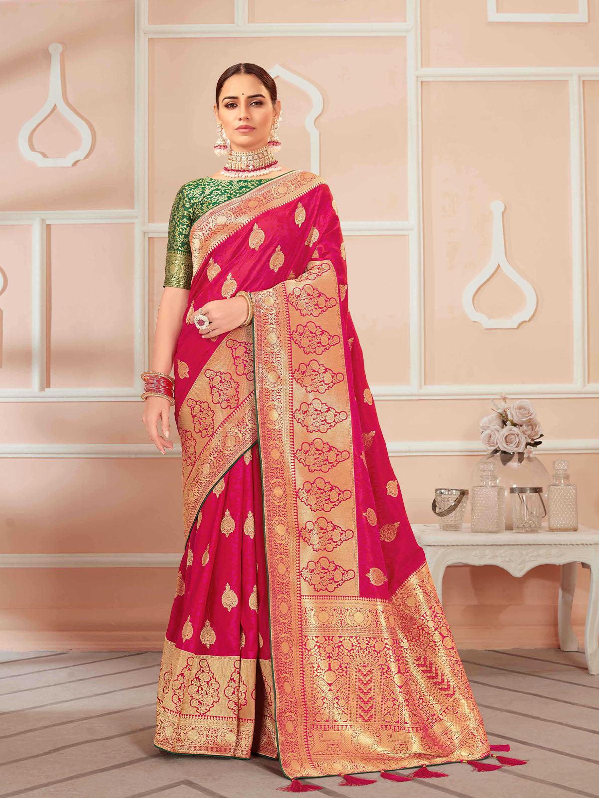 Women's Pink Banarasi Silk Wevon Heavy Jari Designer Saree - Odette