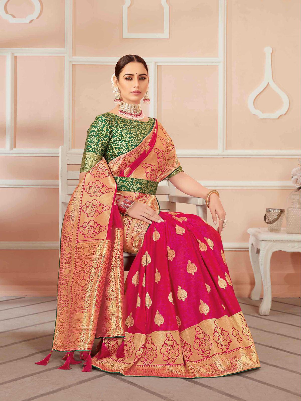 Women's Pink Banarasi Silk Wevon Heavy Jari Designer Saree - Odette