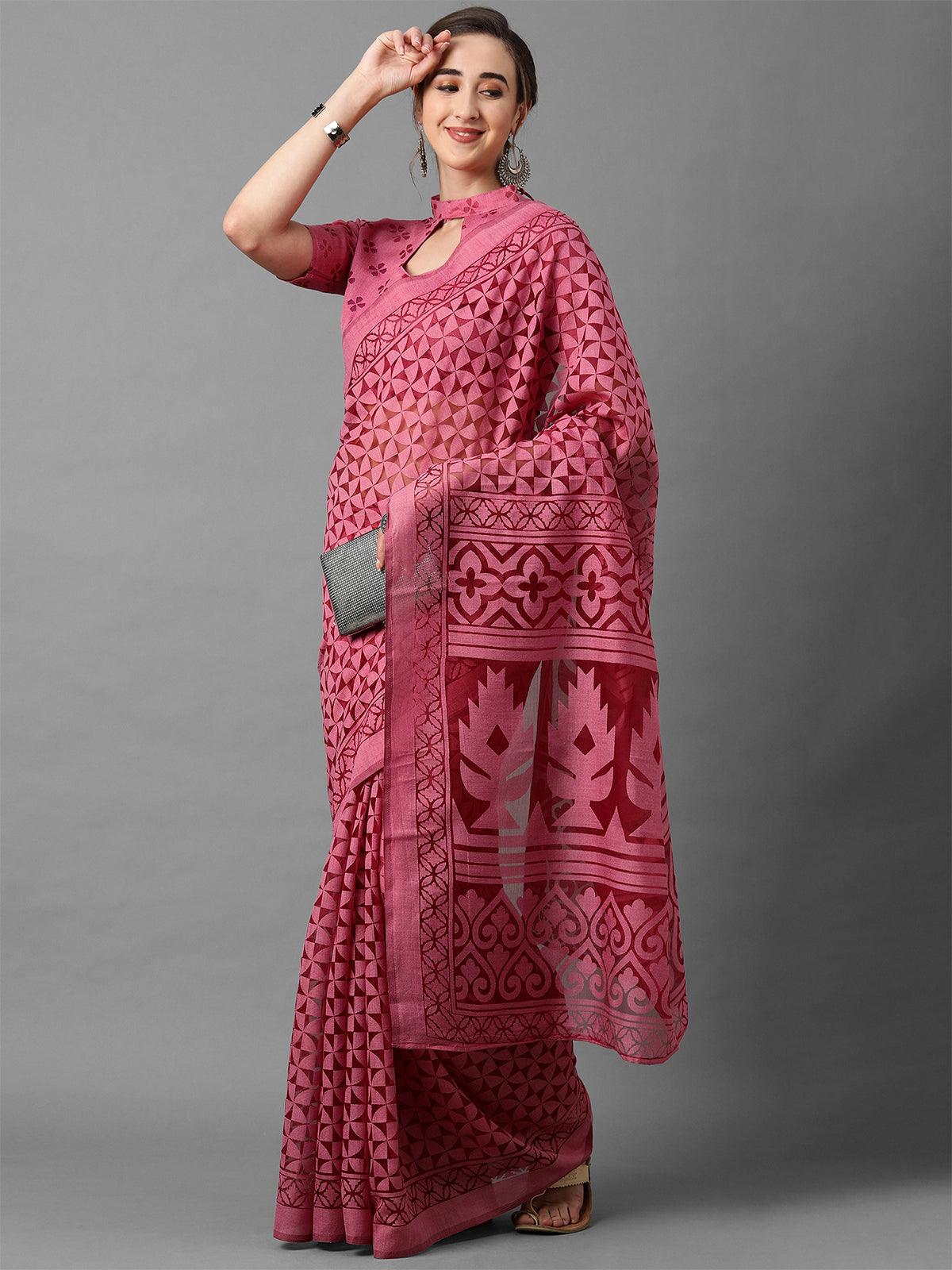 Women's Pink Casual Brasso Printed Saree With Unstitched Blouse - Odette
