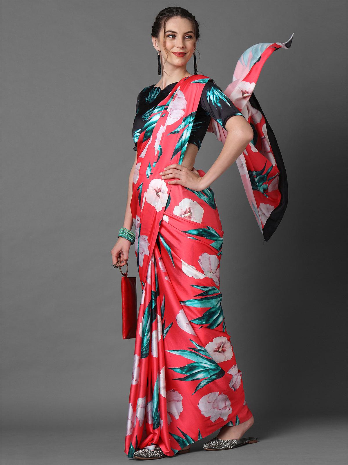 Women's Pink Casual Crepe Printed Saree With Unstitched Blouse - Odette