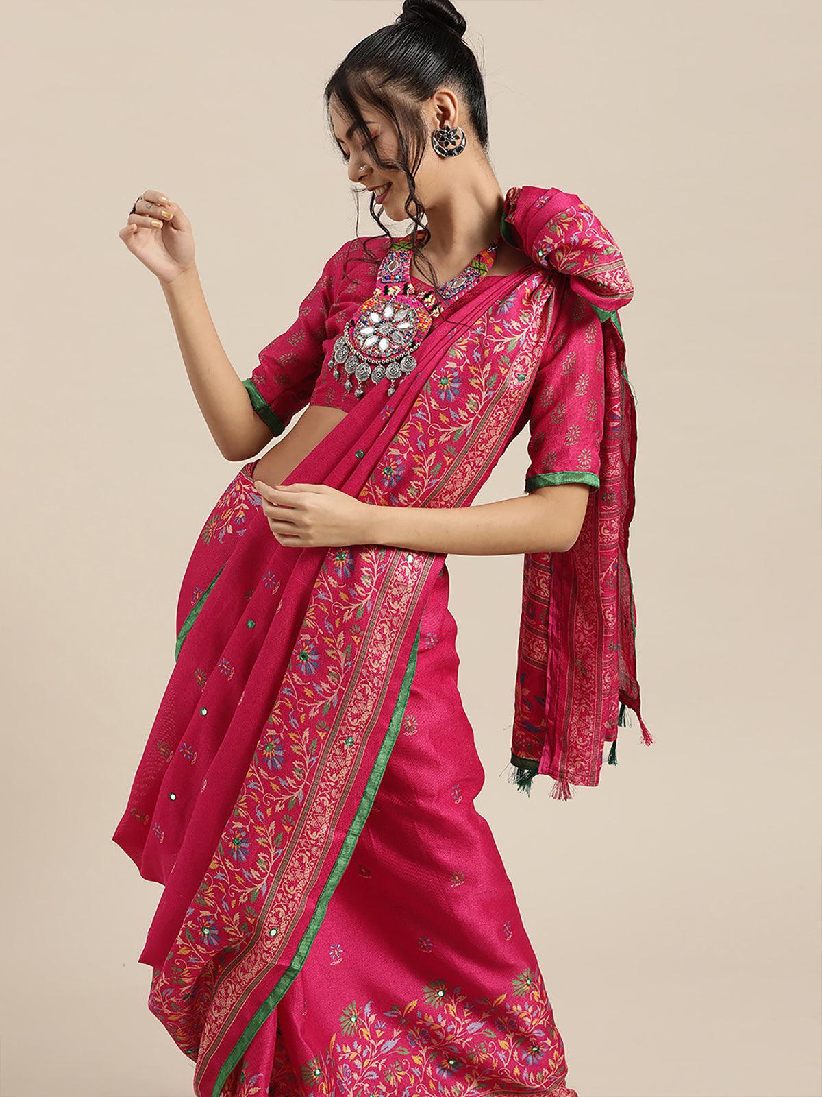 Women's Pink Casual Jute Silk Printed Saree With Unstitched Blouse - Odette