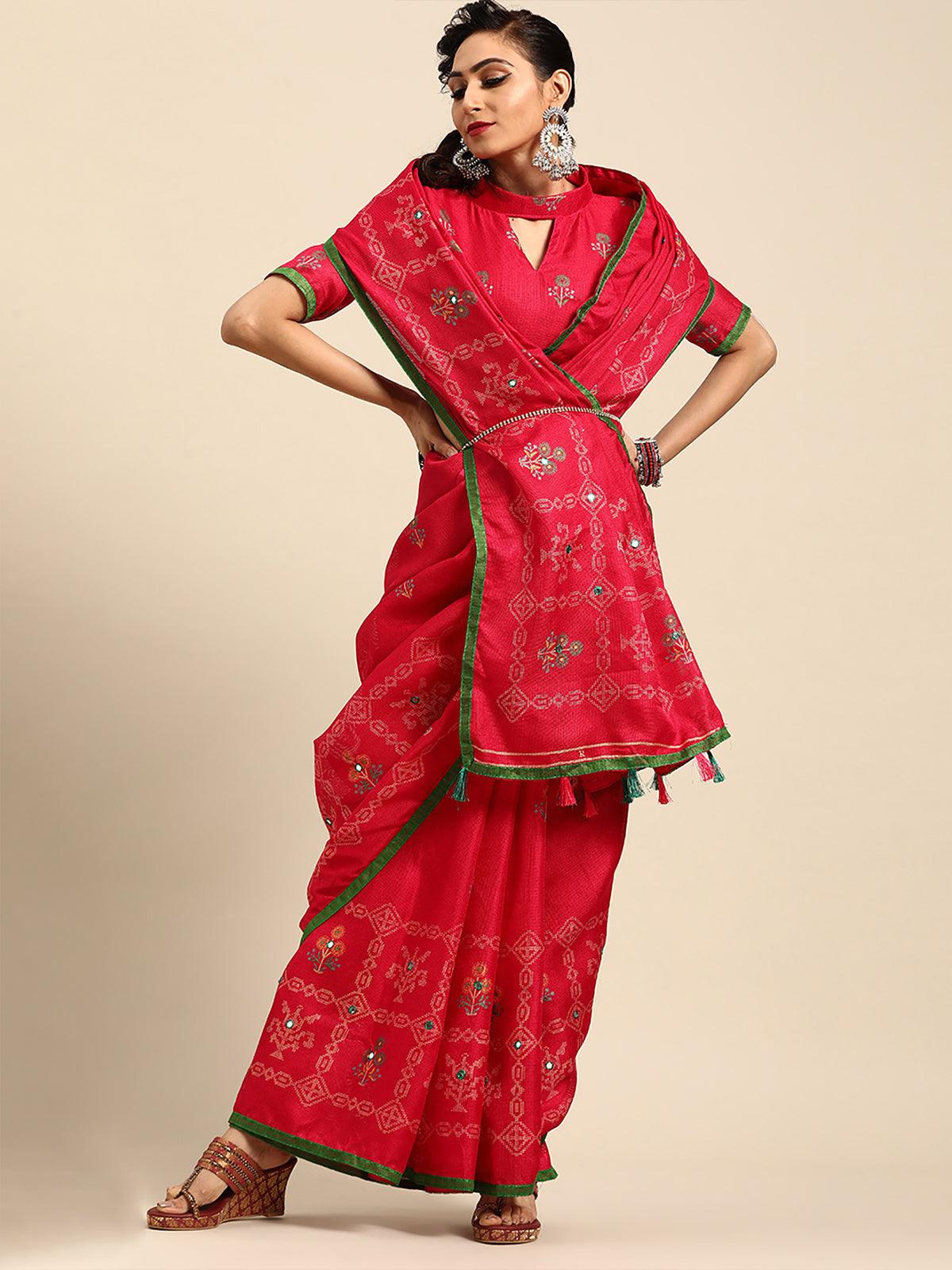 Women's Pink Casual Jute Silk Printed Saree With Unstitched Blouse - Odette