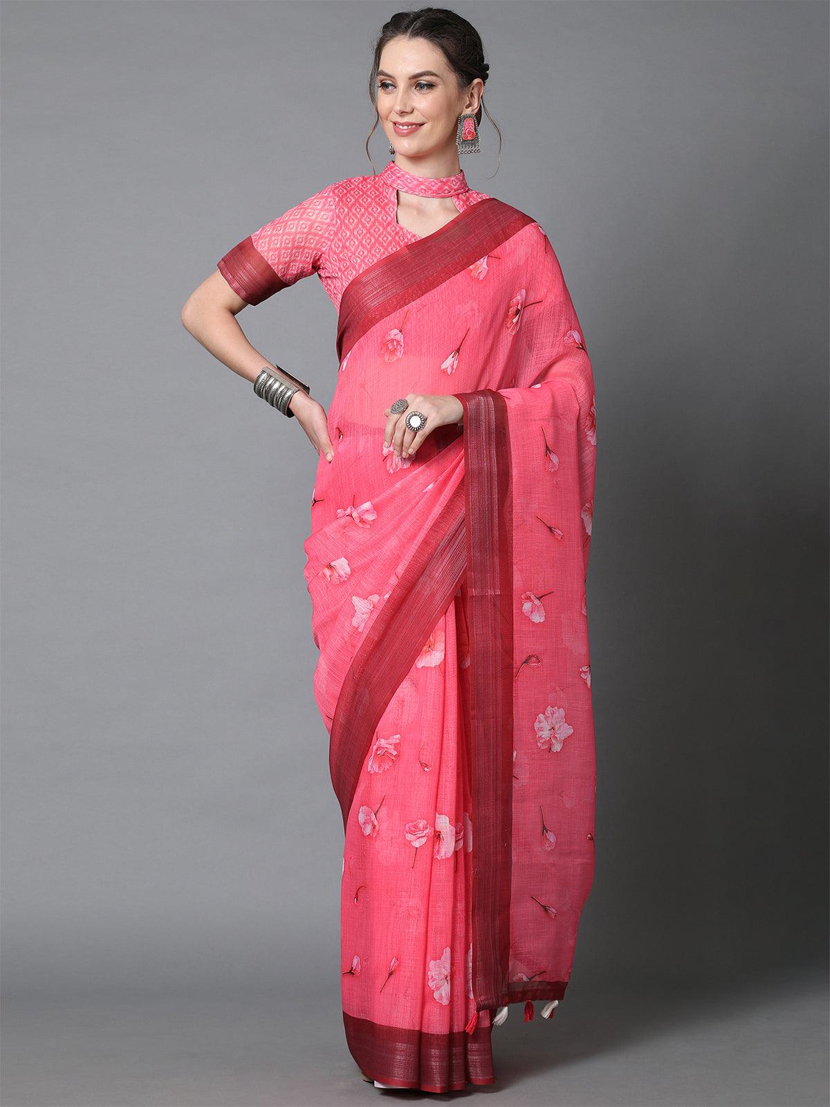 Women's Pink Casual Linen Printed Saree With Unstitched Blouse - Odette