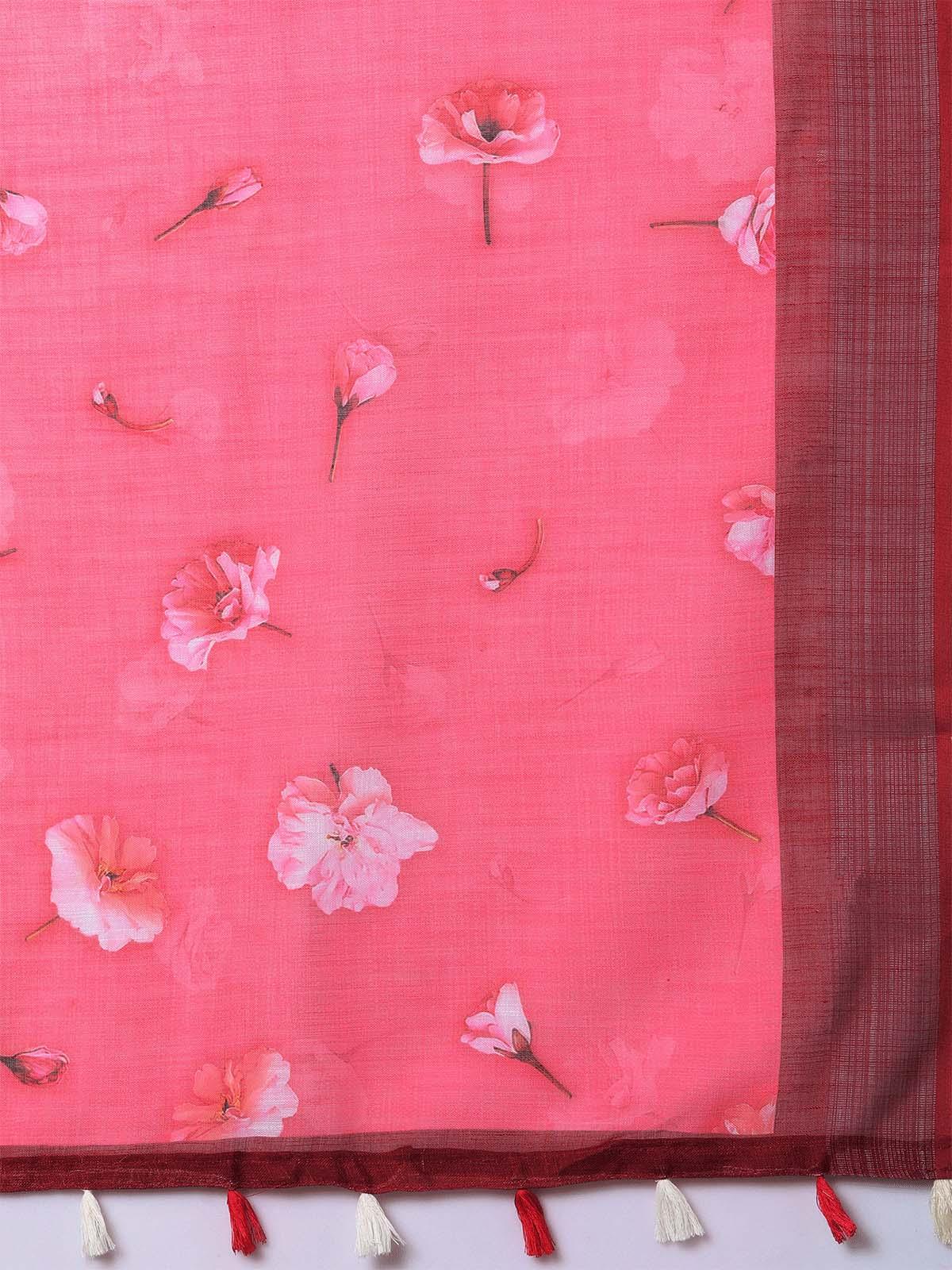Women's Pink Casual Linen Printed Saree With Unstitched Blouse - Odette