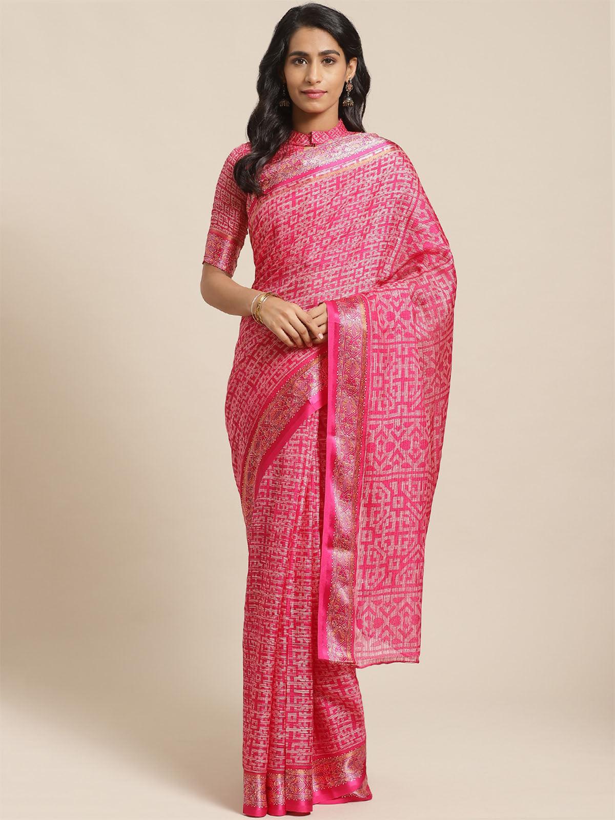 Women's Pink Casual Silk Blend Printed Saree With Unstitched Blouse - Odette