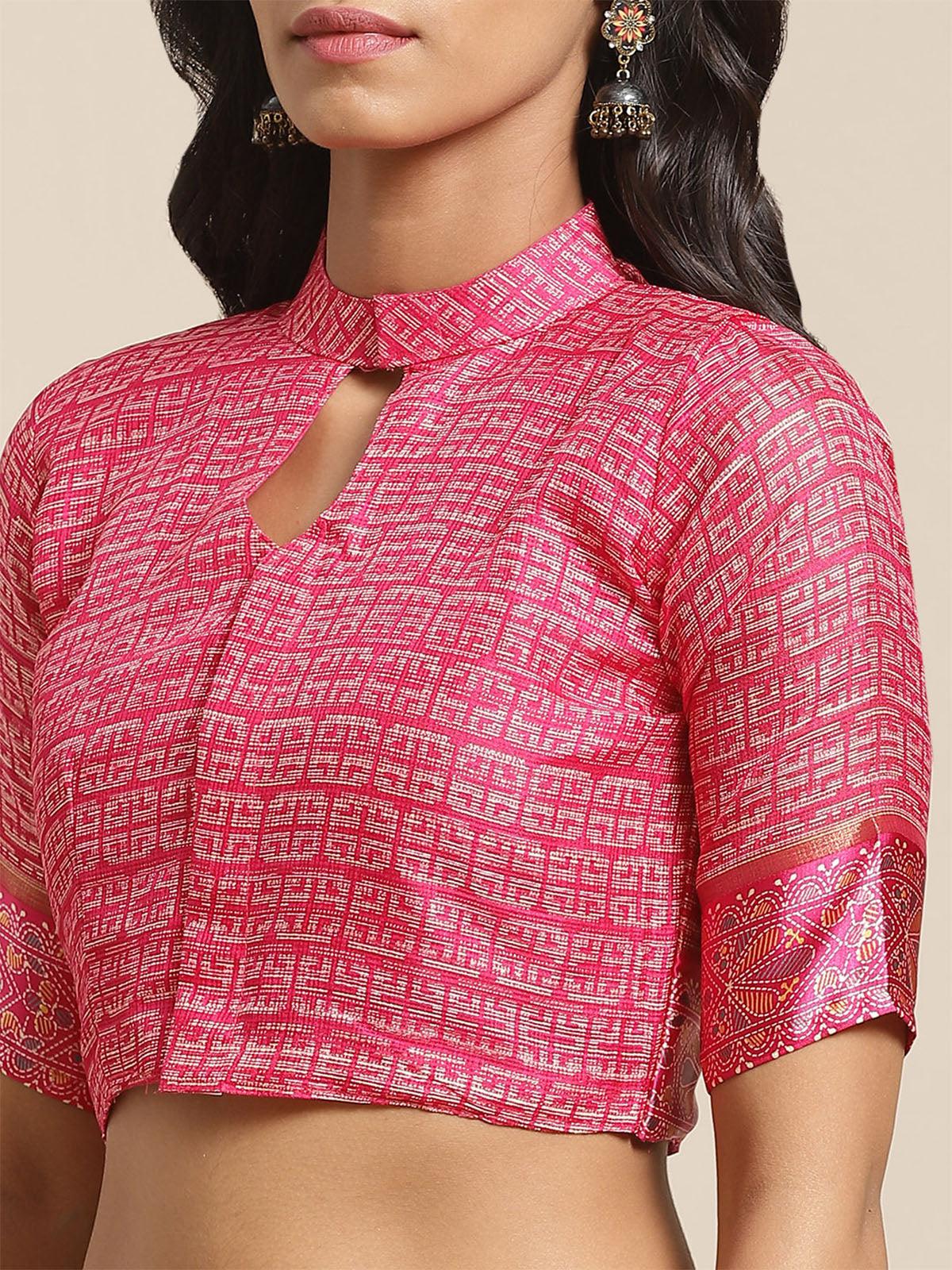 Women's Pink Casual Silk Blend Printed Saree With Unstitched Blouse - Odette
