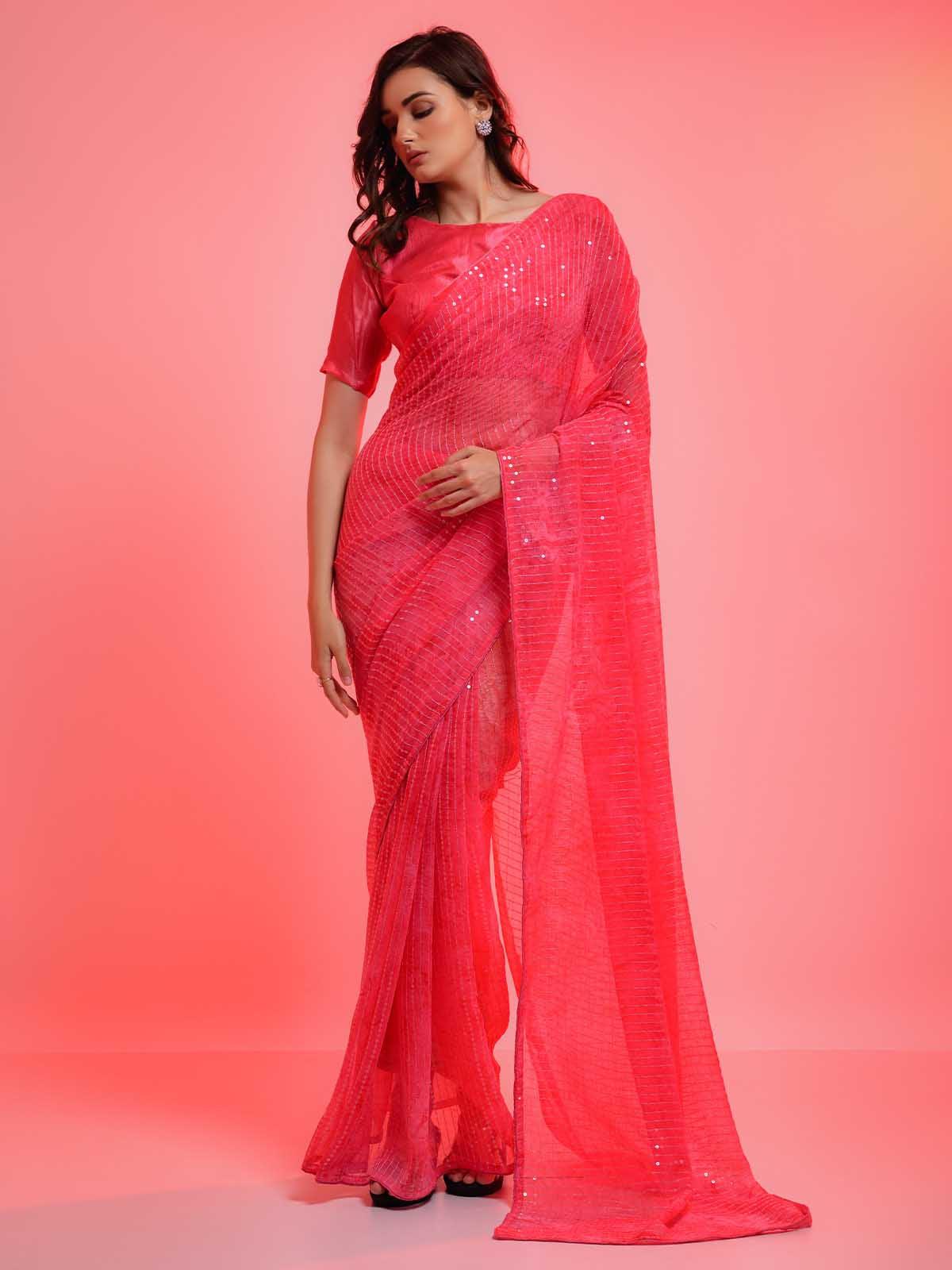 Women's Pink Chiffon With Sequence Work Sequence Saree - Odette