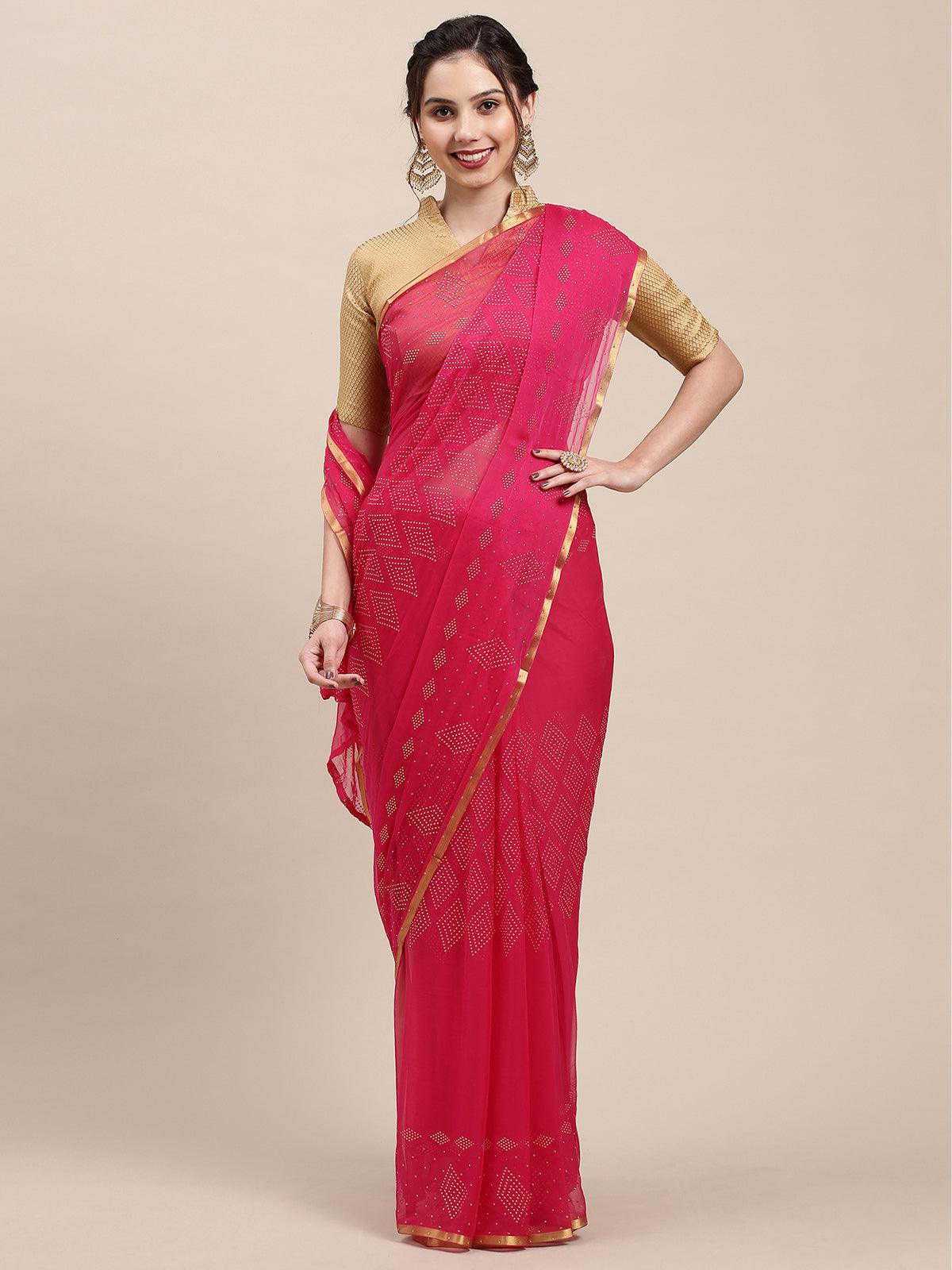Women's Pink Chiffon Woven Border Saree With Unstitched Blouse - Odette