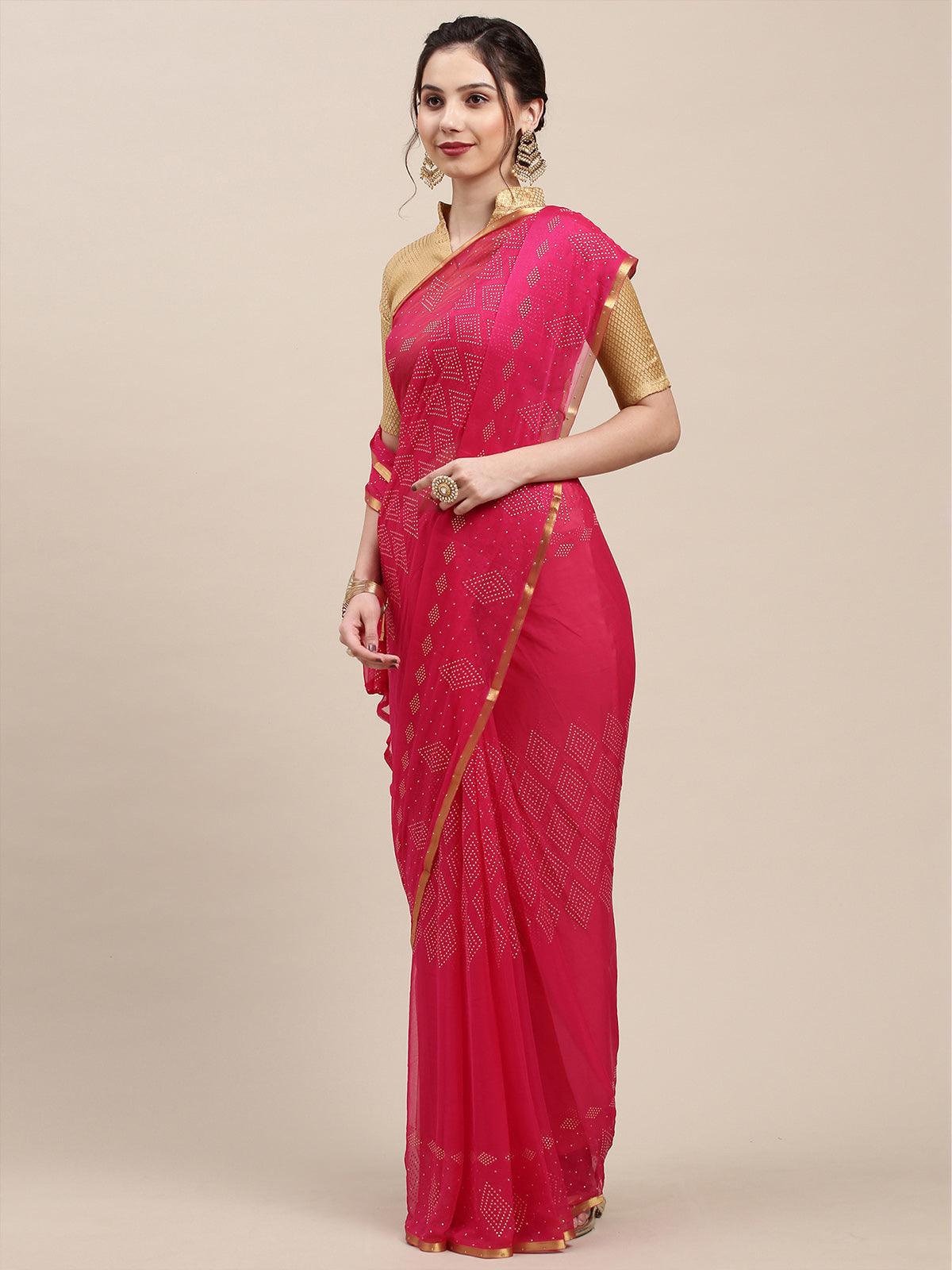 Women's Pink Chiffon Woven Border Saree With Unstitched Blouse - Odette