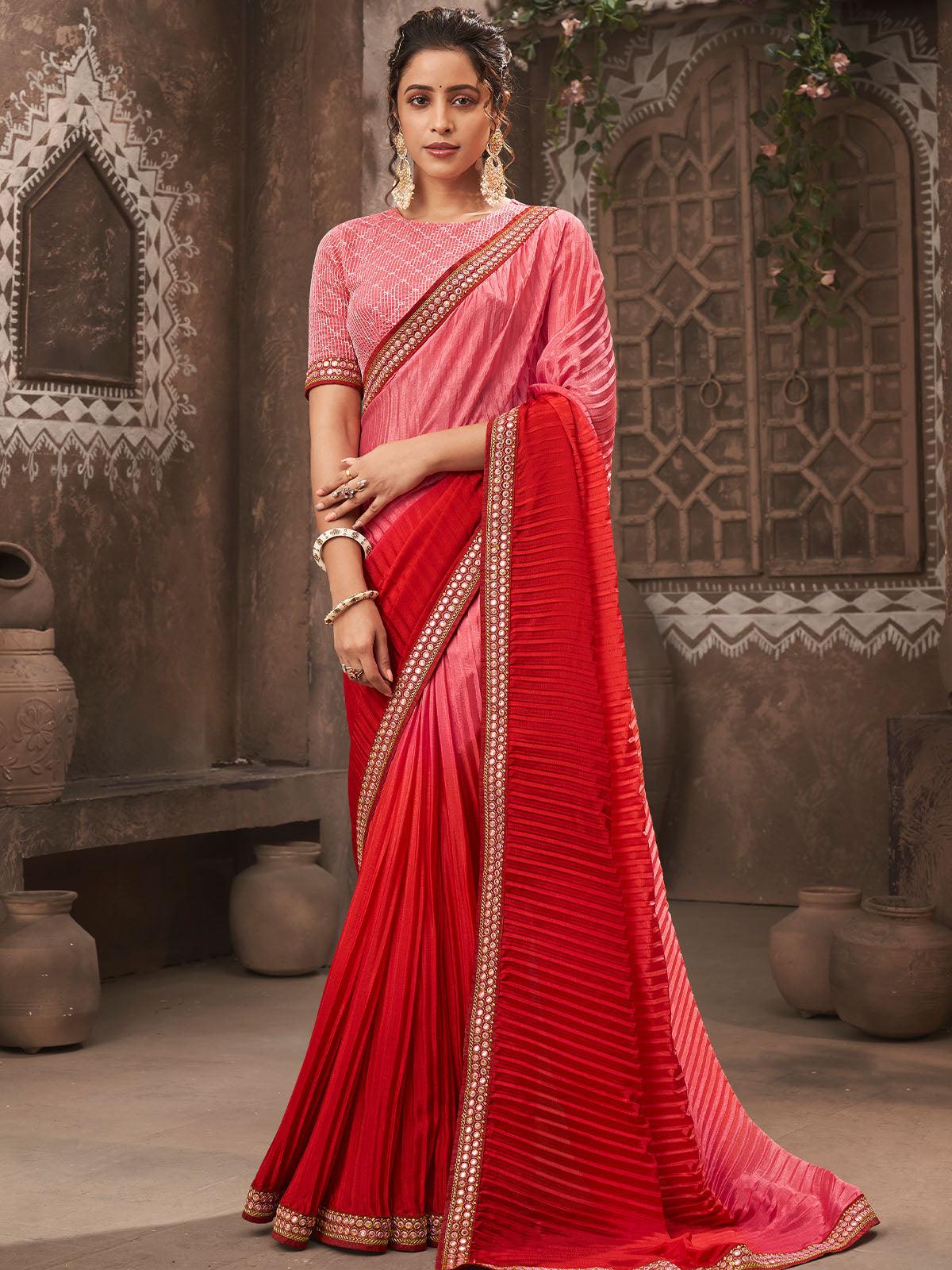 Women's Pink Chinon Crush Heavy Embroidery Work Saree - Odette