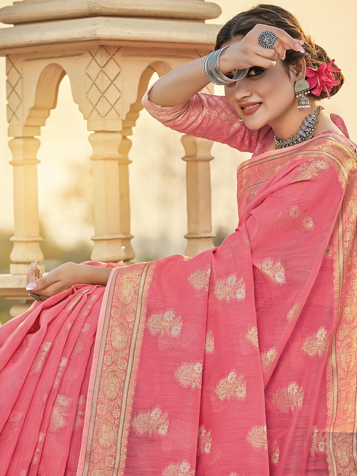 Women's Pink Color Cotton Saree Pair With Cotton Blouse - Odette