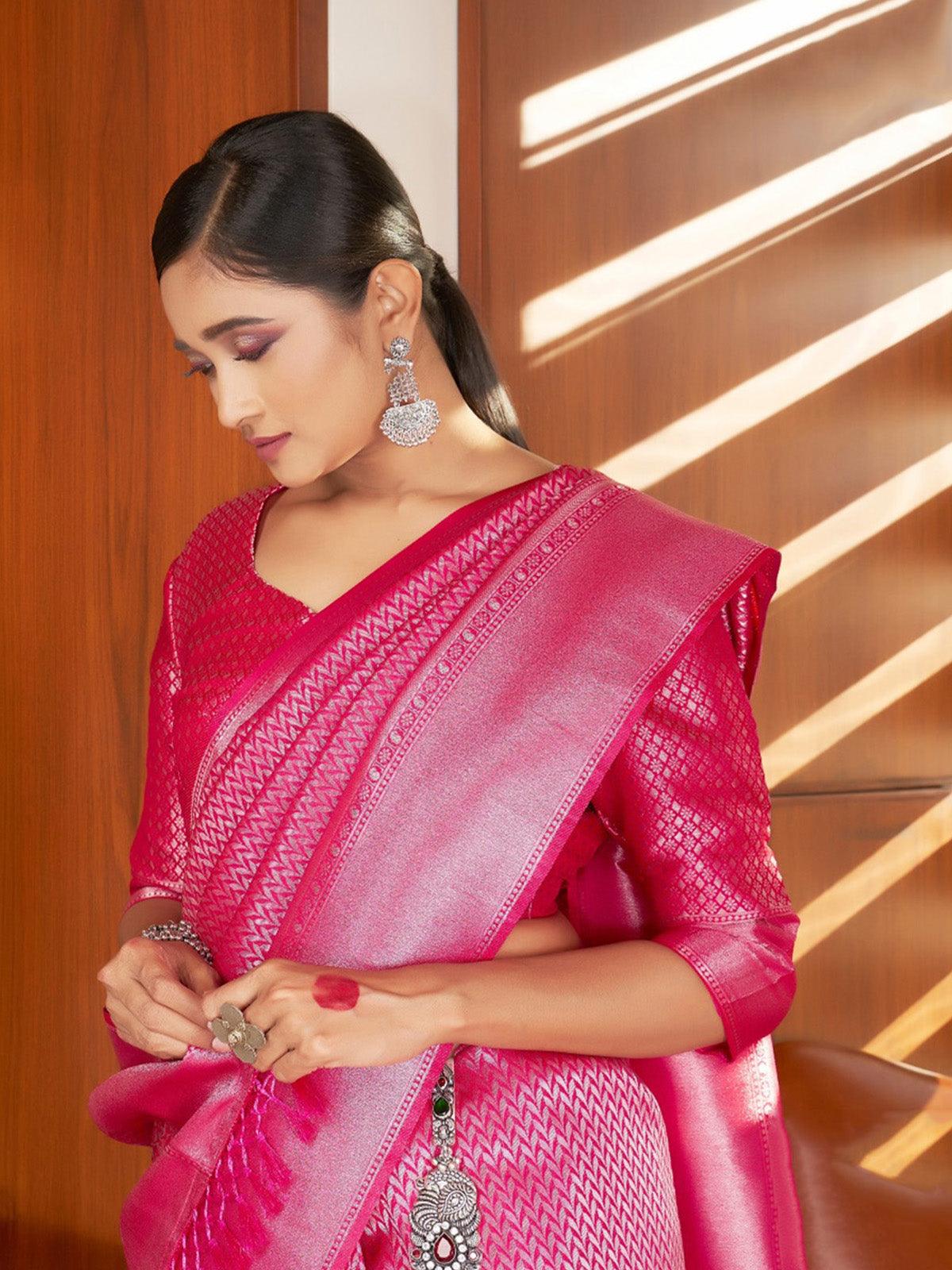 Women's Pink Color Kanjivaram Silk Saree - Odette