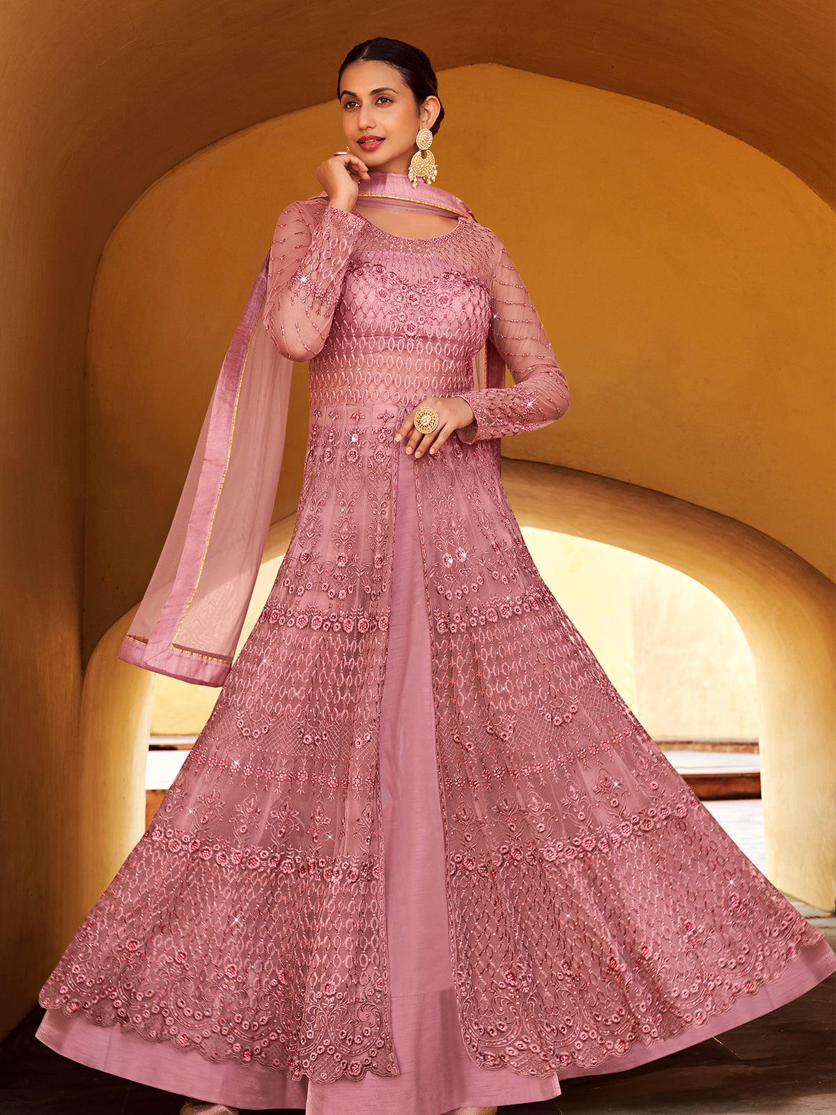 Women's Pink Color Net Base Designer Suit - Odette