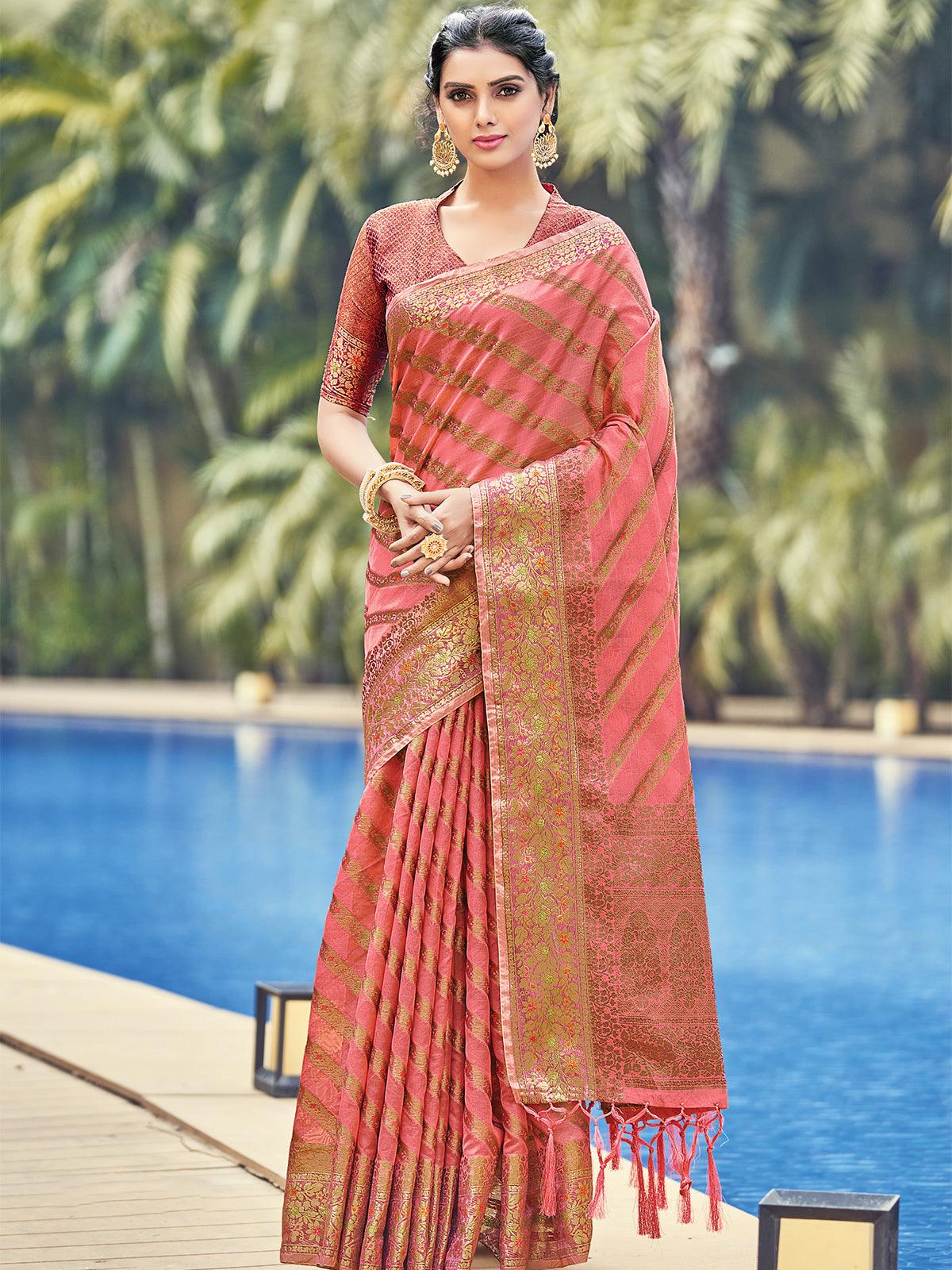 Women's Pink Color Organza Saree With Blouse - Odette