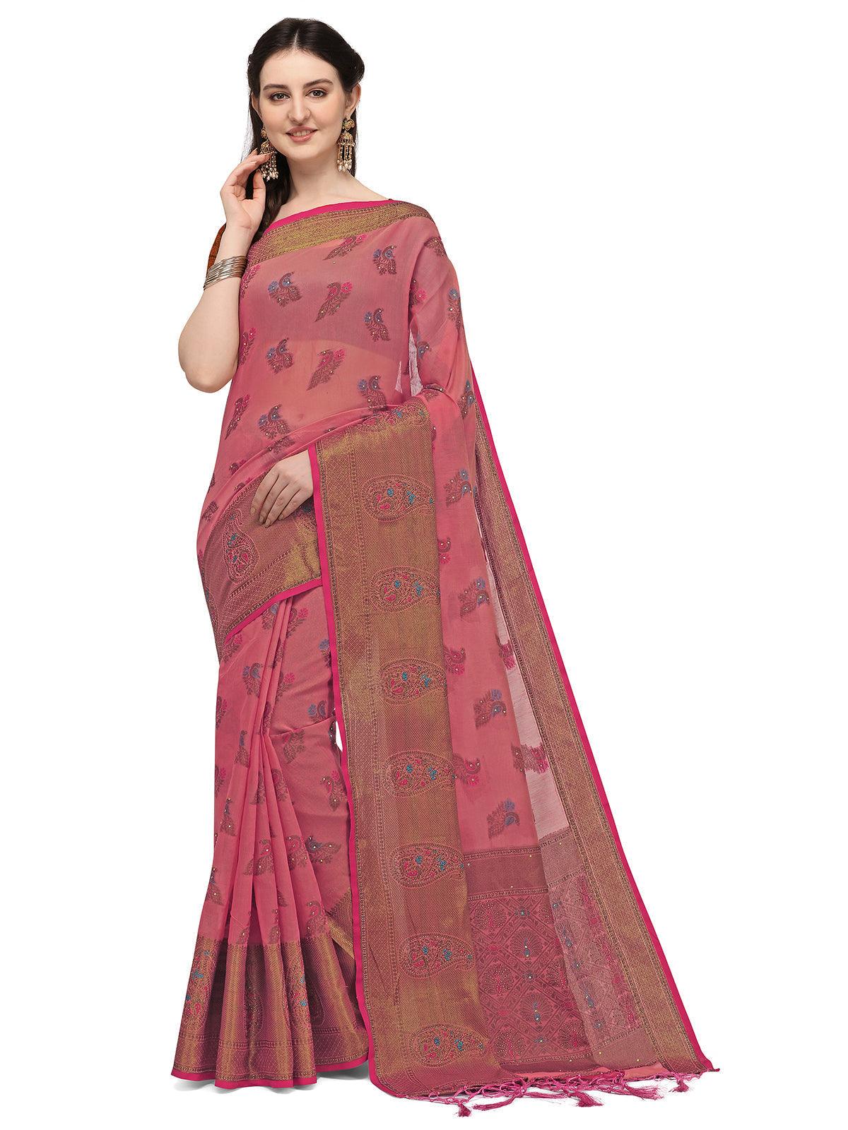 Women's Pink Colour Banarasi Silk Madhubani Work Saree - Odette