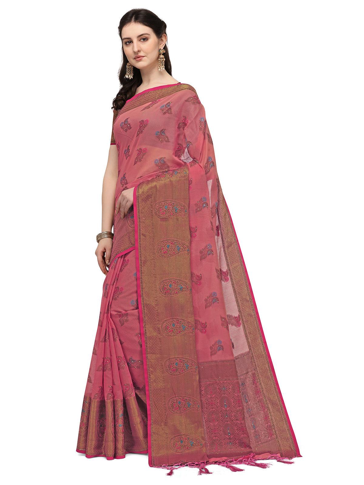 Women's Pink Colour Banarasi Silk Madhubani Work Saree - Odette