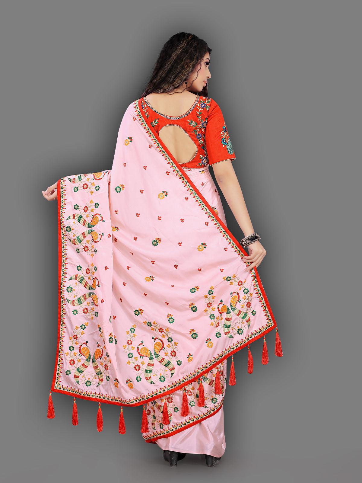 Women's Pink Crepe Silk Heavy Embroidery Saree - Odette