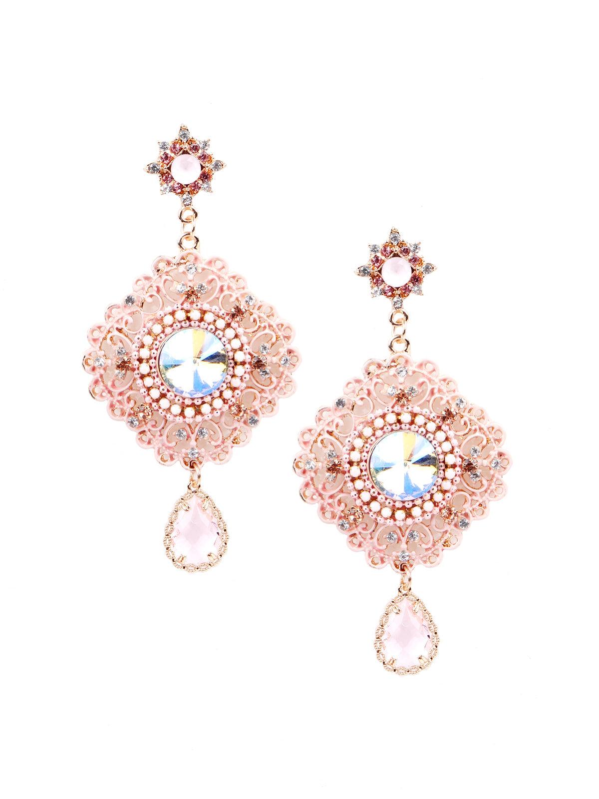 Women's Pink Crystal Embellished Drop Earrings - Odette