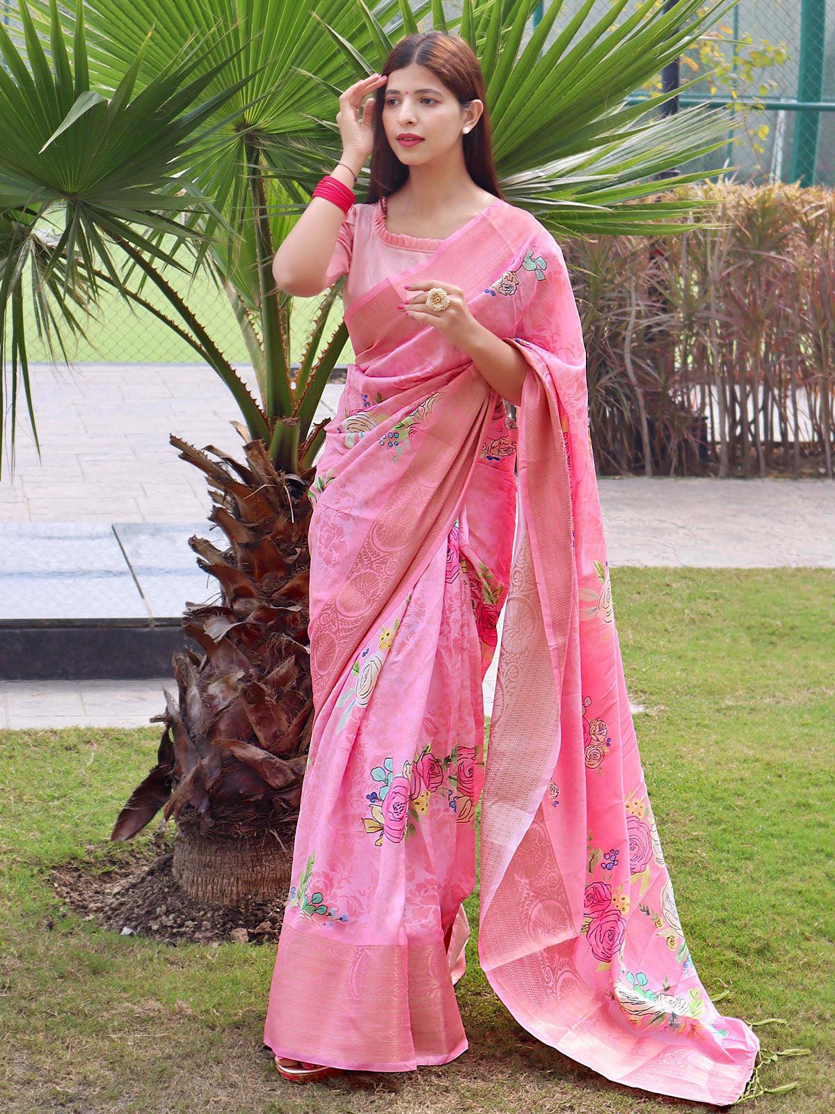 Women's Pink Elegant Soft Silk Saree - Odette