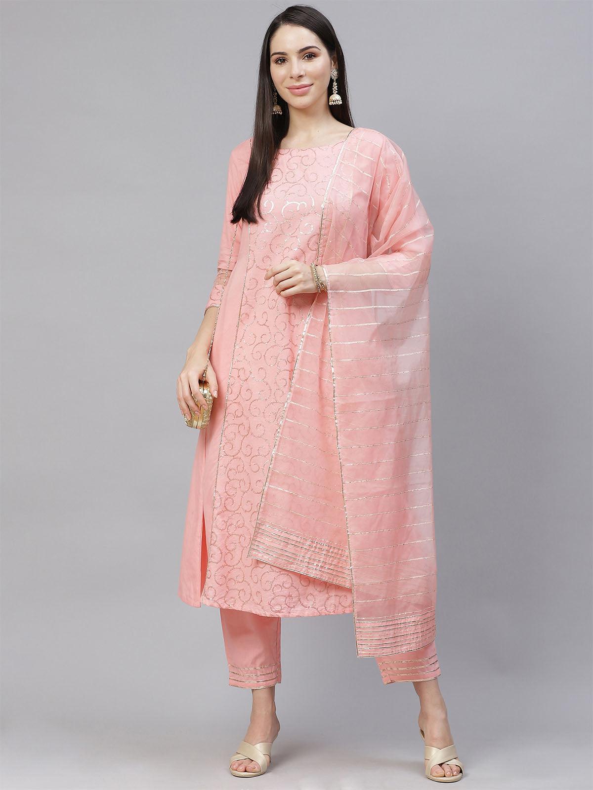 Women's Pink Embroiderd Kurta With Palazzo And Duppatta Set - Odette