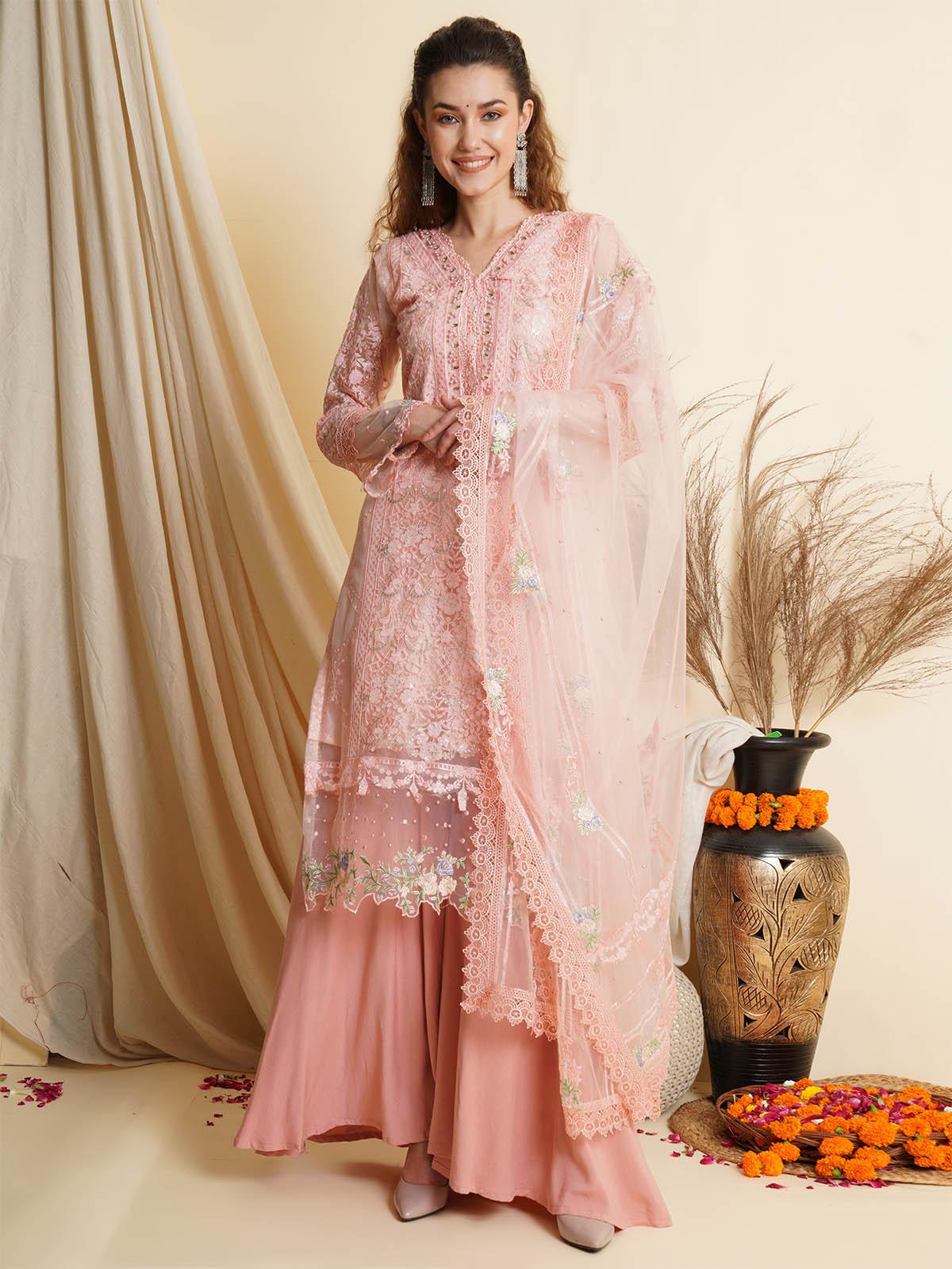 Women's Pink Embroidered Sharara Kurta Set - Odette