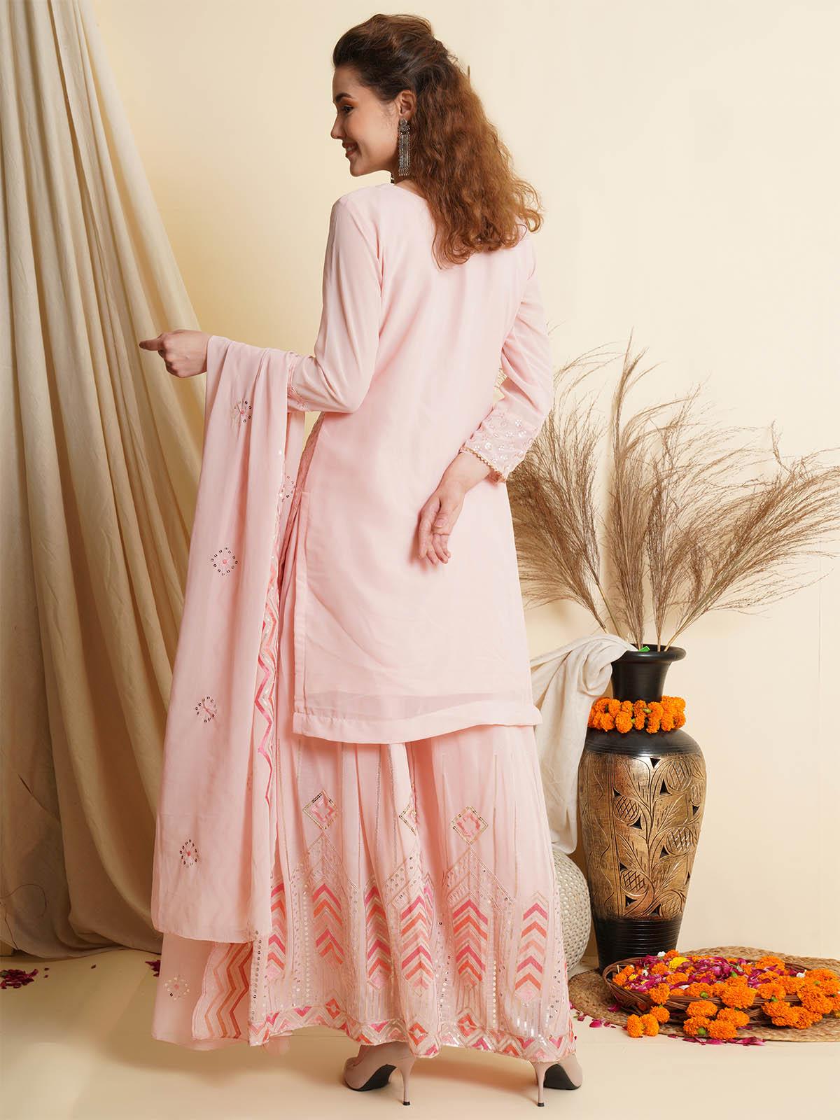Women's Pink Embroidered Sharara Kurta Set - Odette