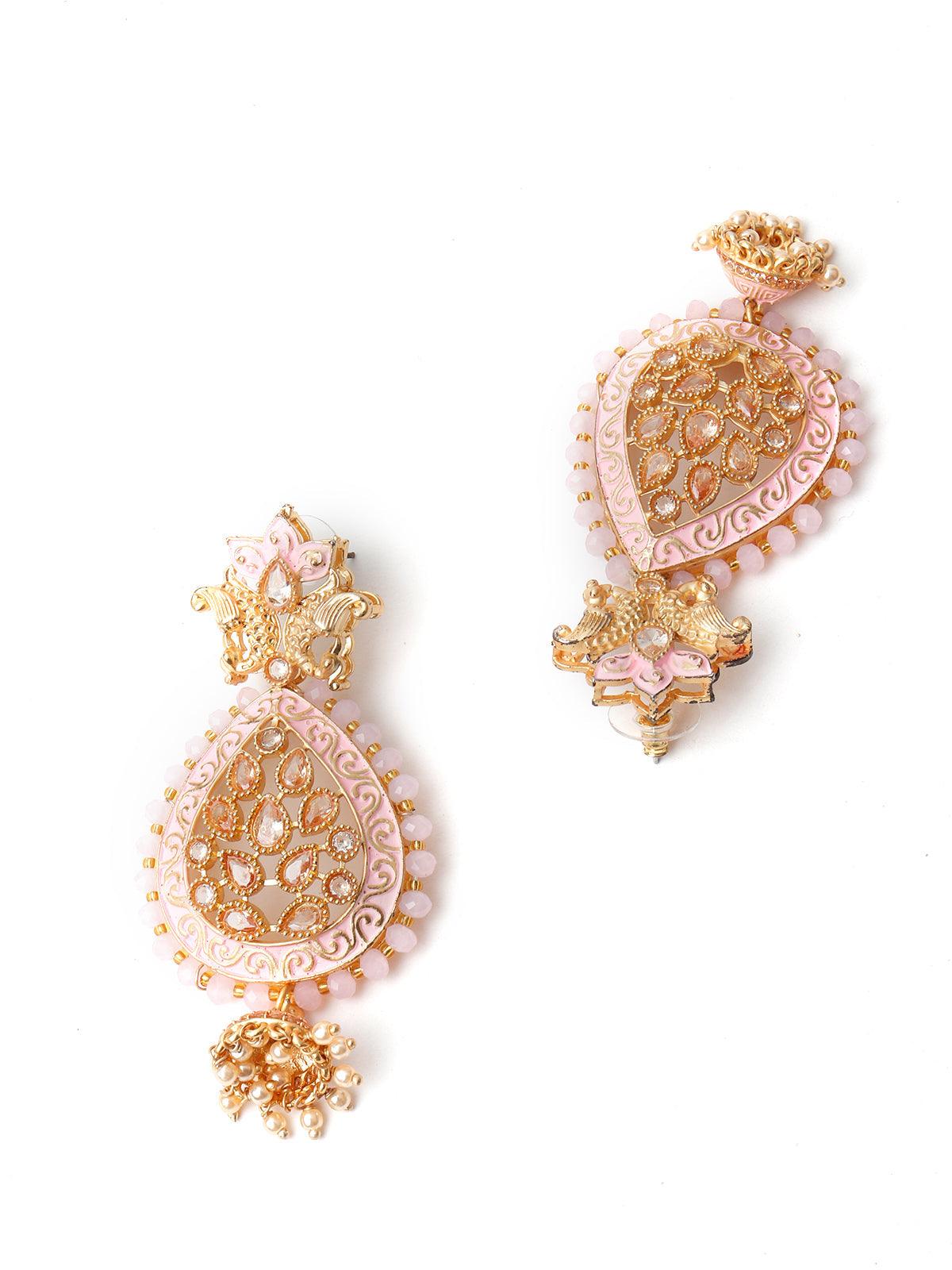 Women's Pink Enamelled Leafy Dangle Earrings - Odette