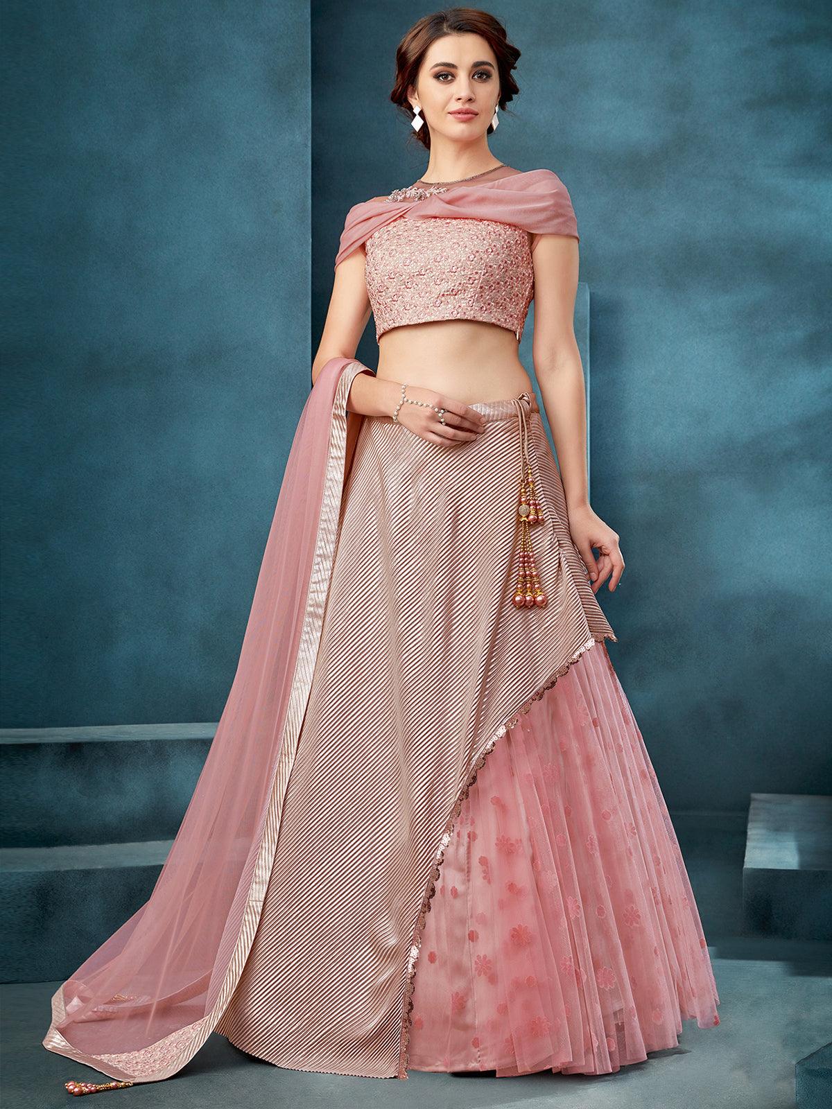 Women's Pink Fancy Crush Fabric Net Designer Lehenga Choli - Odette