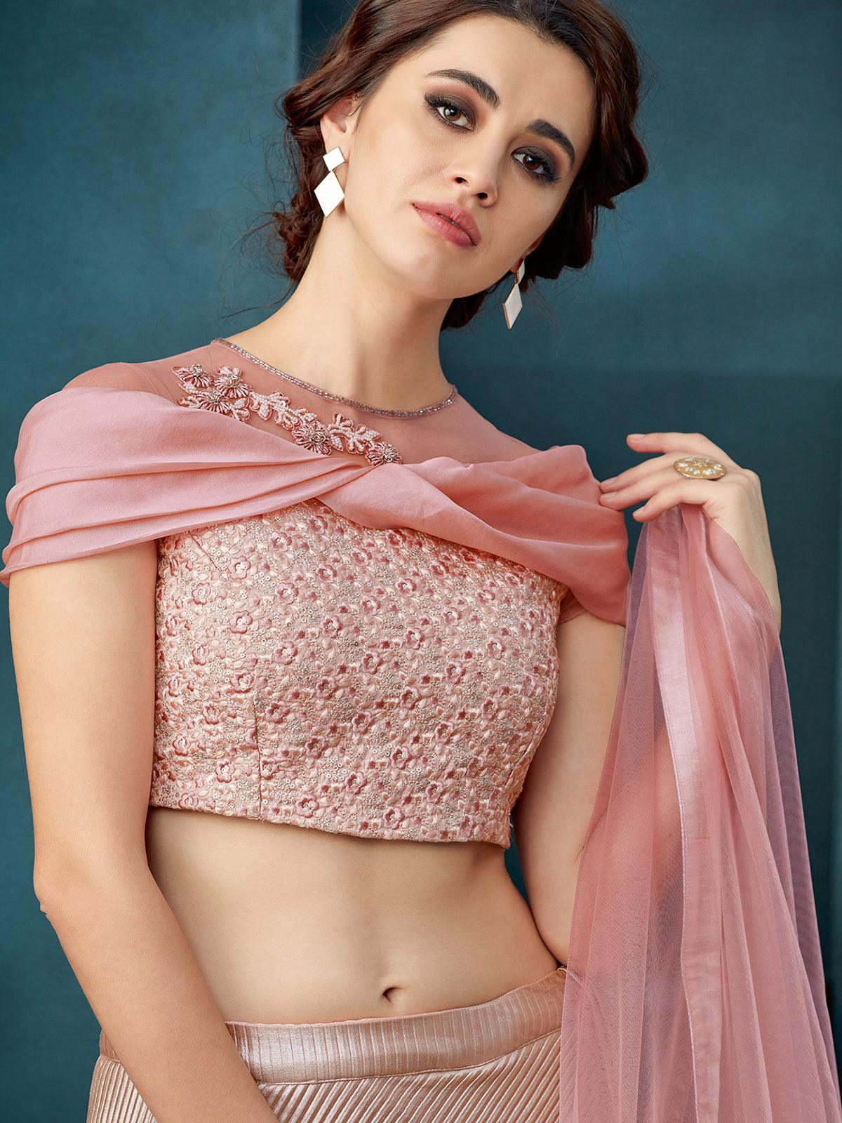 Women's Pink Fancy Crush Fabric Net Designer Lehenga Choli - Odette