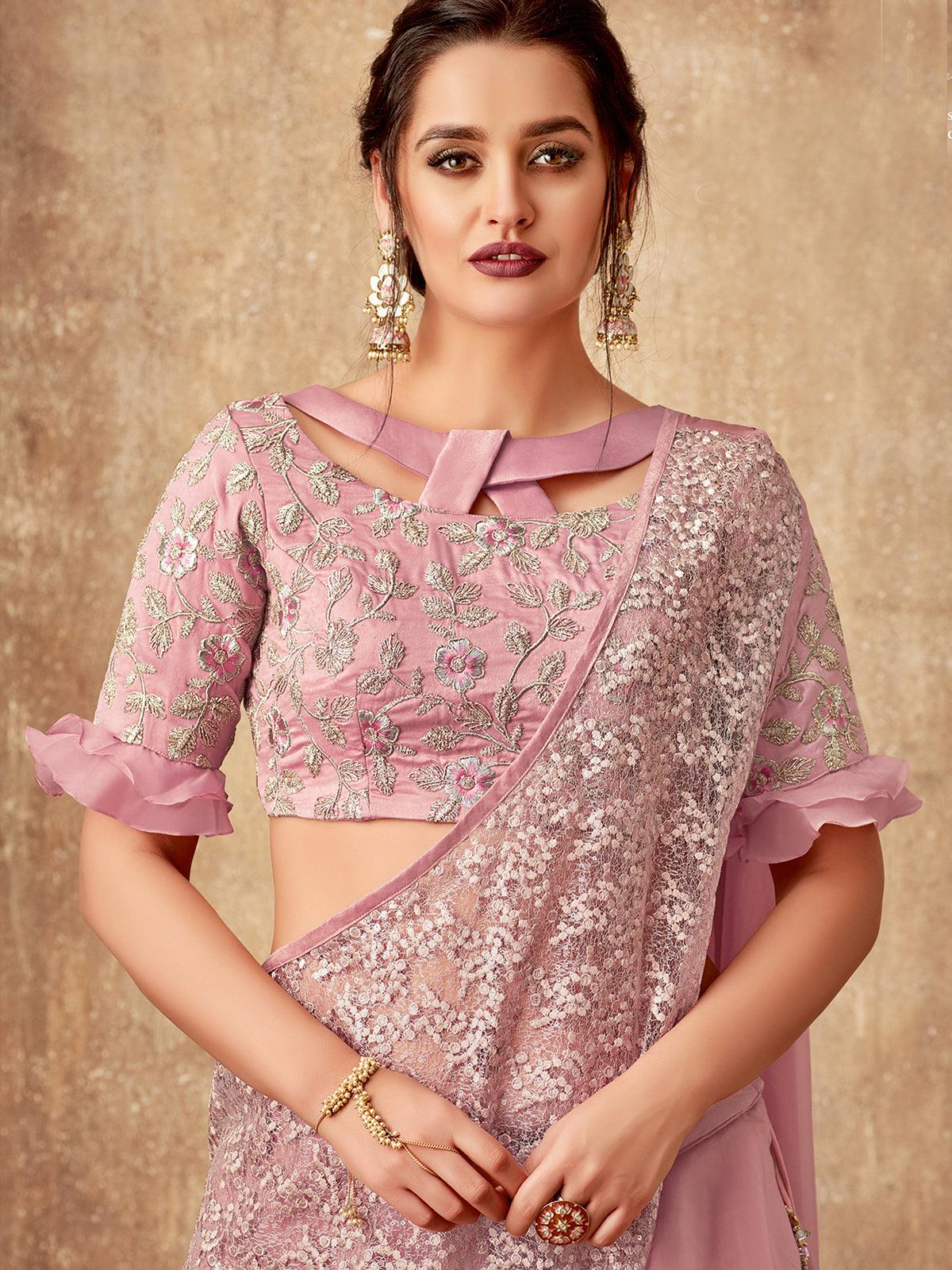Women's Pink Fancy Velvet Tissue Designer Lehenga Choli - Odette