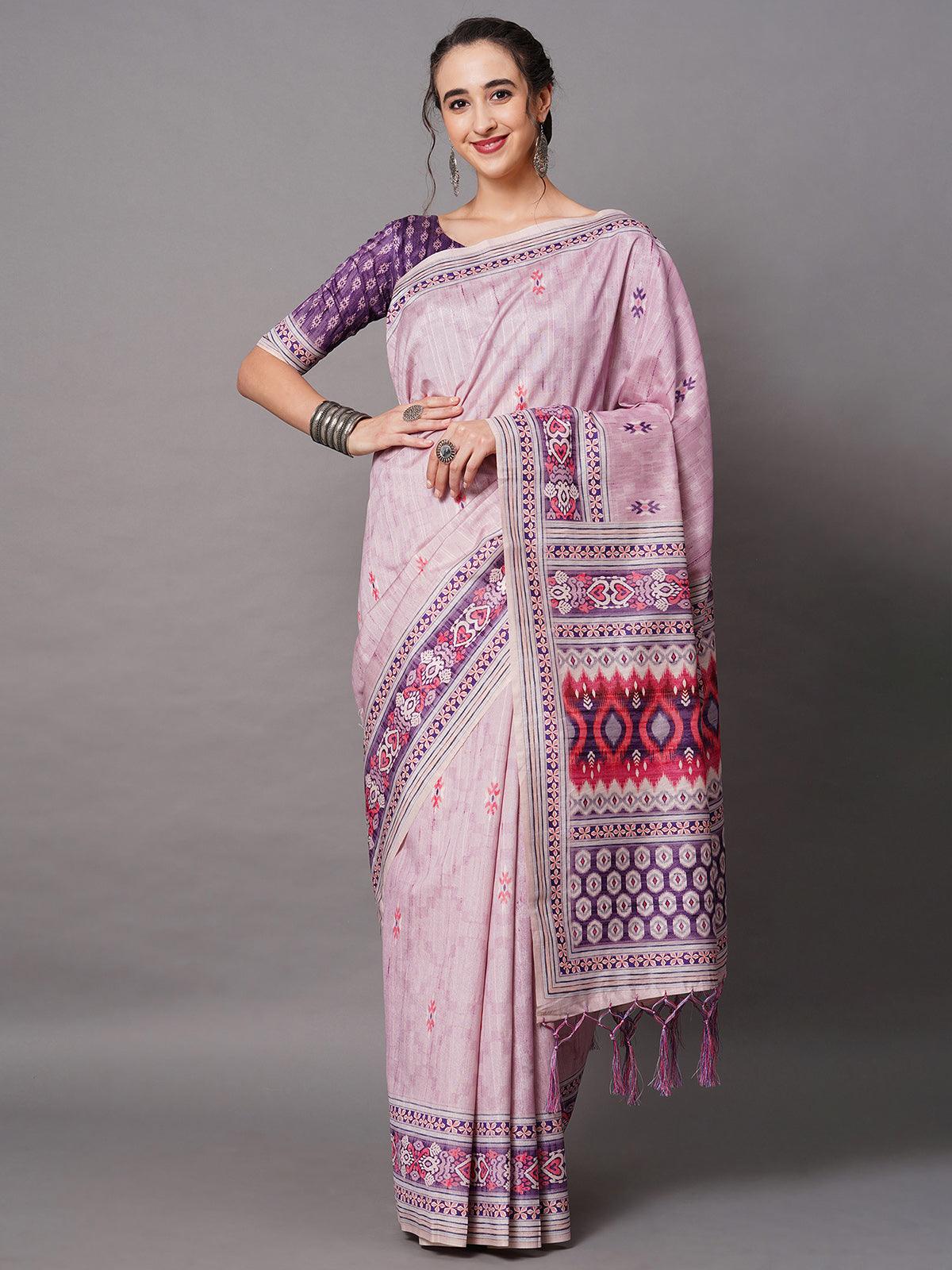 Women's Pink Festive Bhagalpuri Silk Printed Saree With Unstitched Blouse - Odette