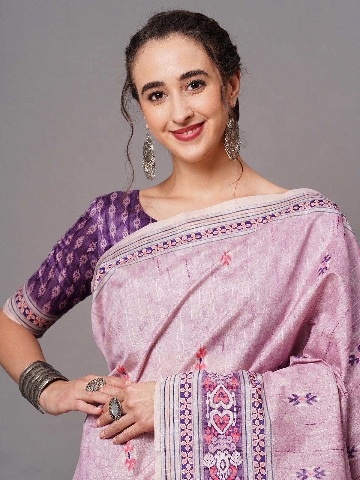 Women's Pink Festive Bhagalpuri Silk Printed Saree With Unstitched Blouse - Odette