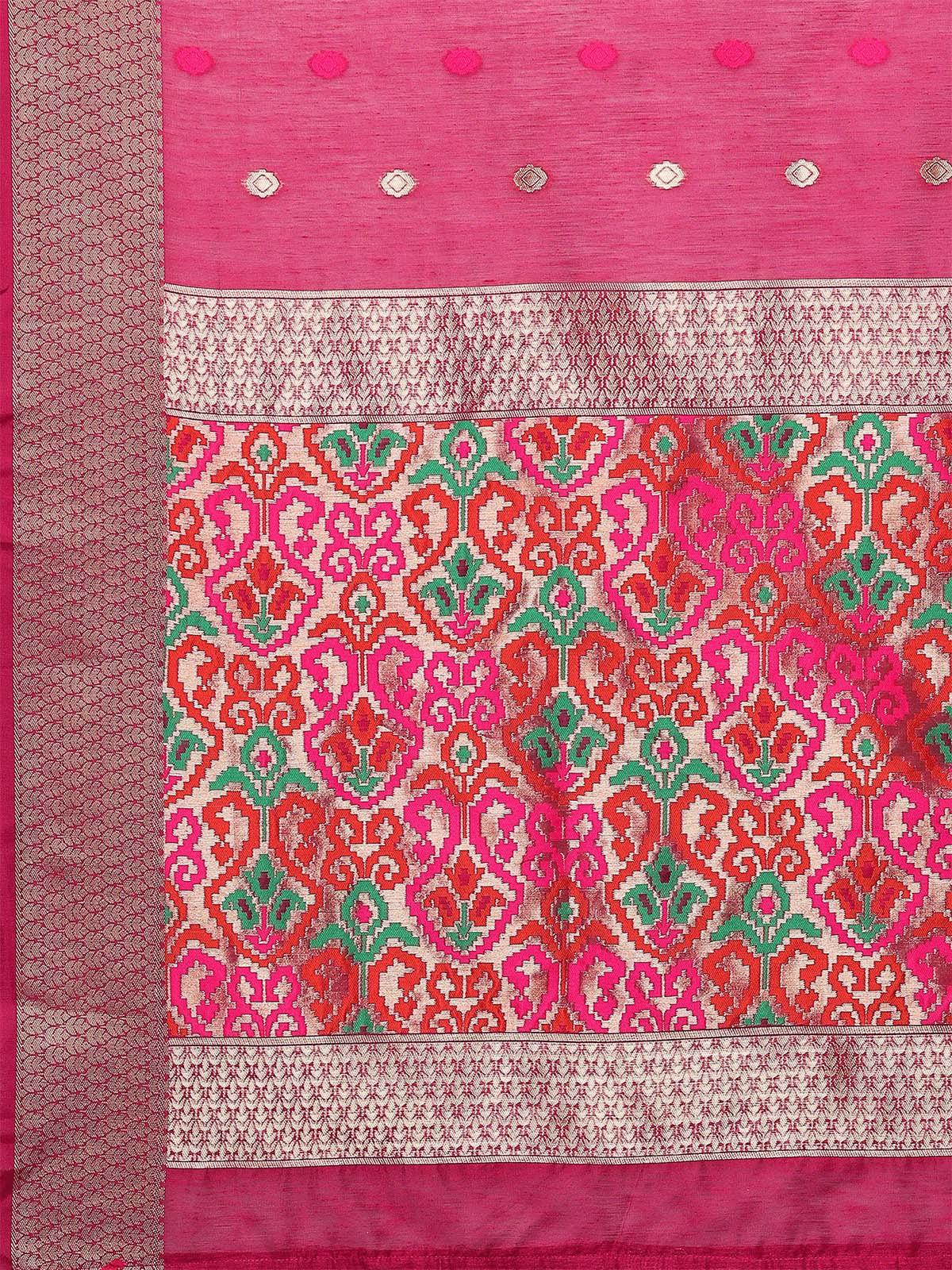 Women's Pink Festive Cotton Blend Woven Design Saree With Unstitched Blouse - Odette