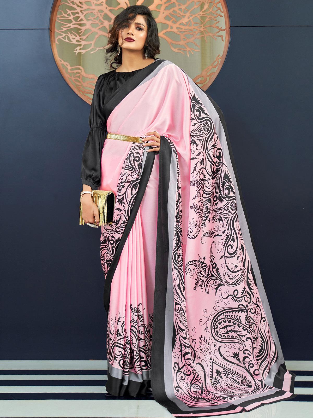 Women's Pink Festive Crepe Printed Saree With Unstitched Blouse - Odette