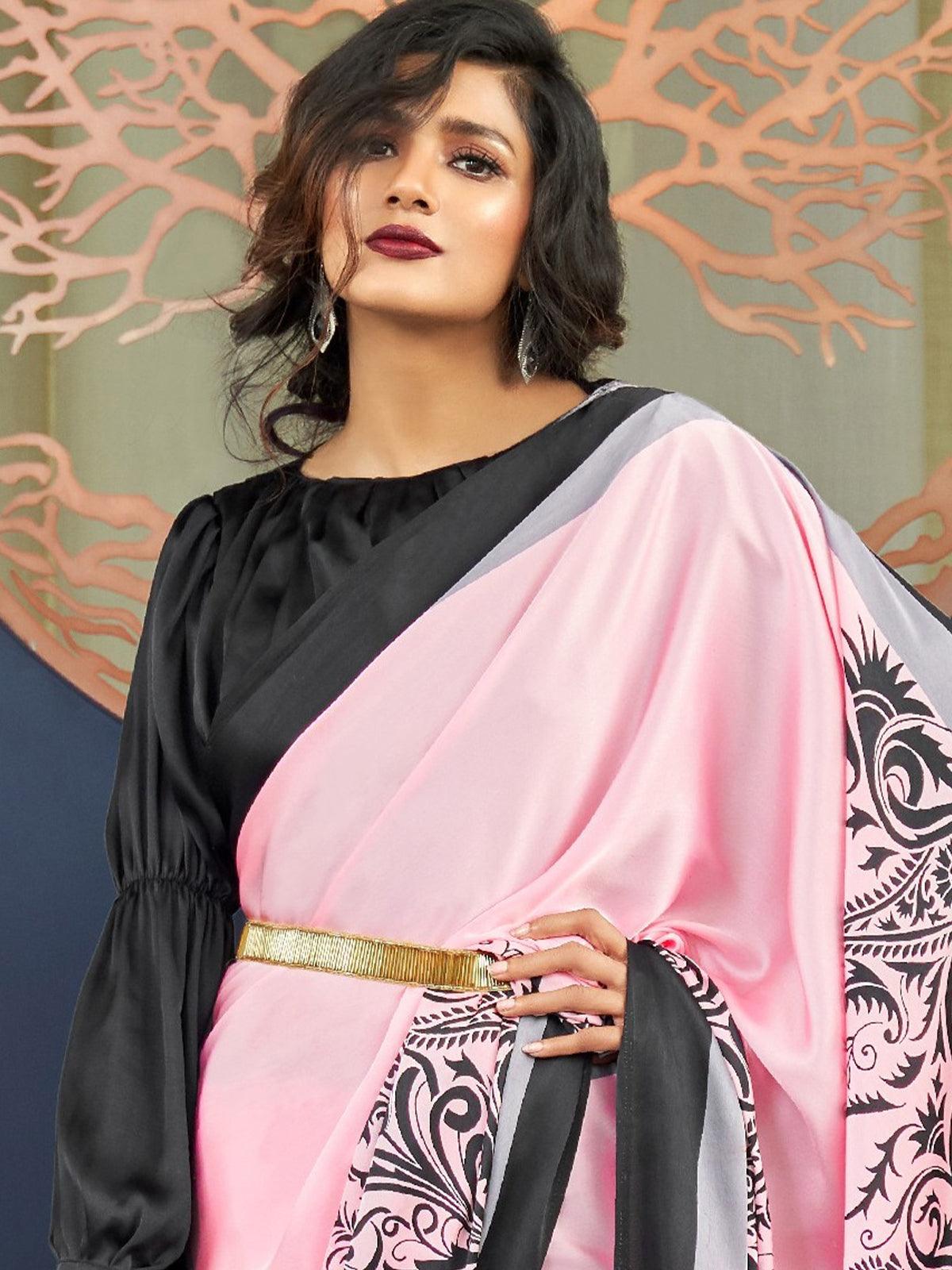 Women's Pink Festive Crepe Printed Saree With Unstitched Blouse - Odette