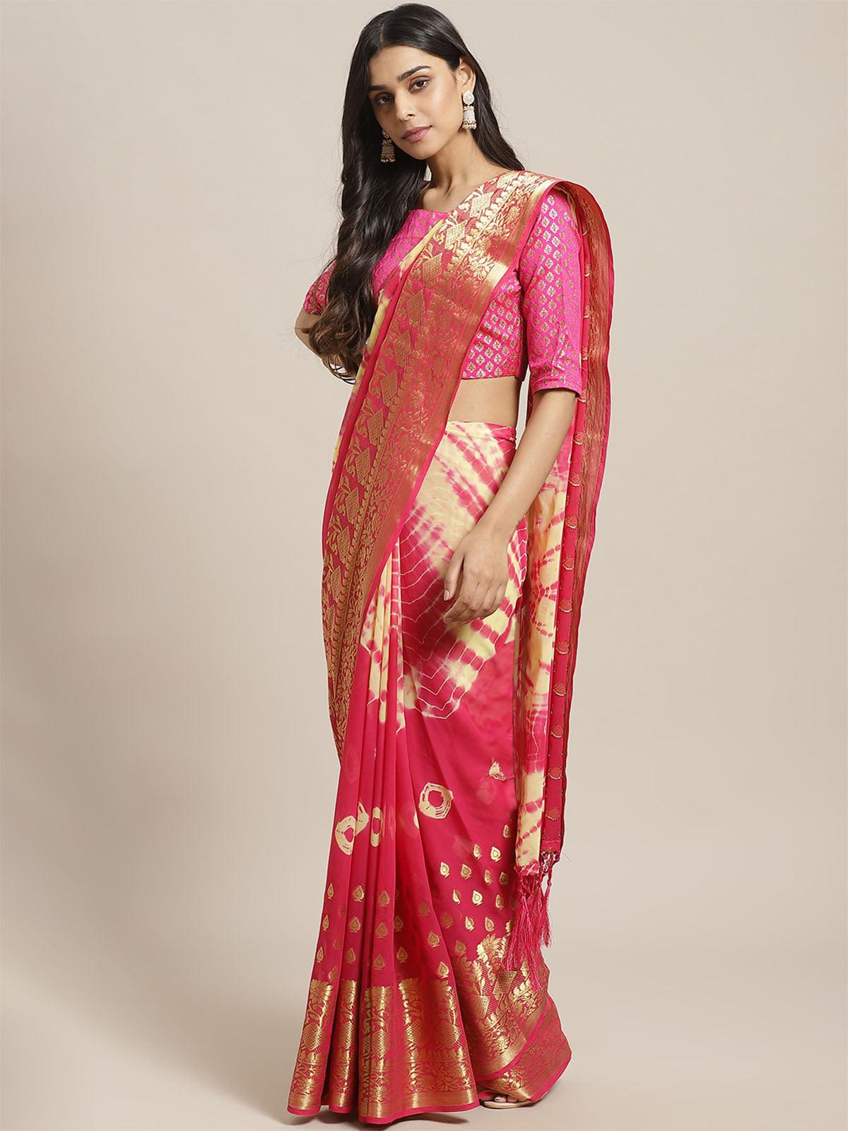Women's Pink Festive Georgette Woven Saree With Unstitched Blouse - Odette