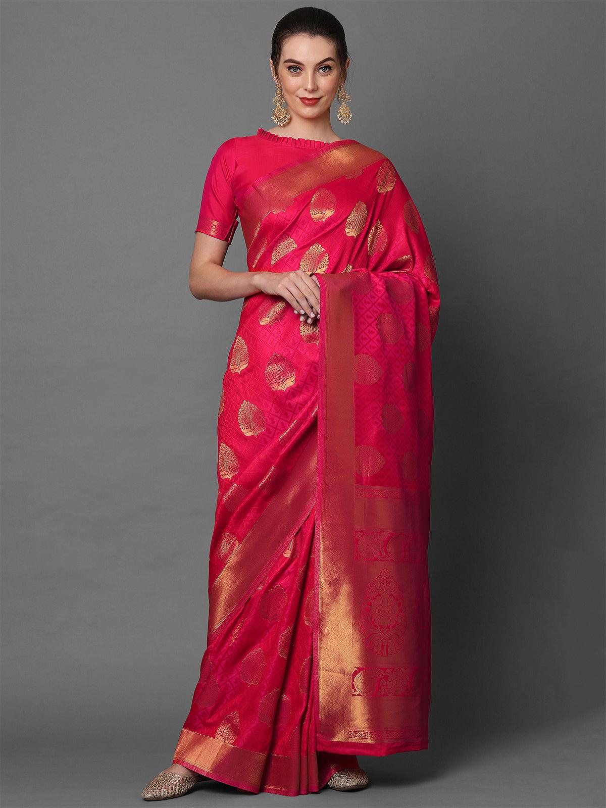 Women's Pink Festive Kanjivaram Silk Woven Design Saree With Unstitched Blouse - Odette
