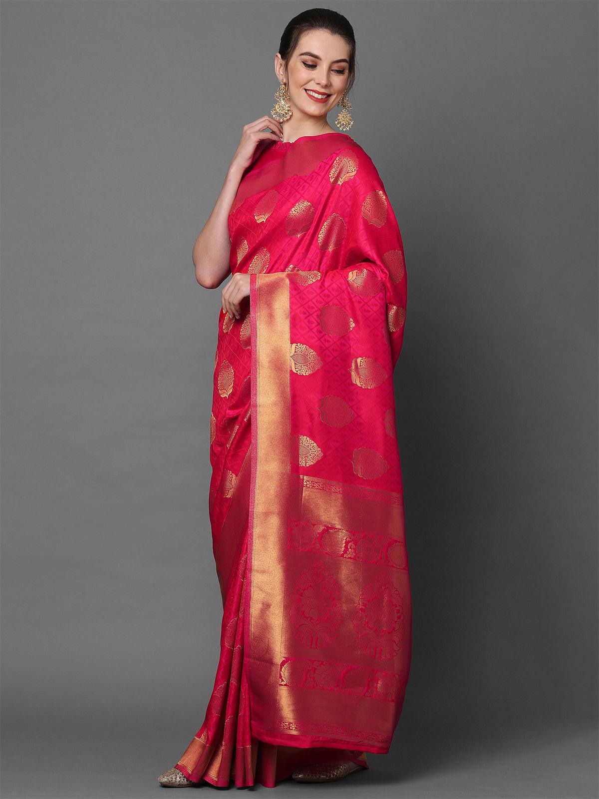 Women's Pink Festive Kanjivaram Silk Woven Design Saree With Unstitched Blouse - Odette