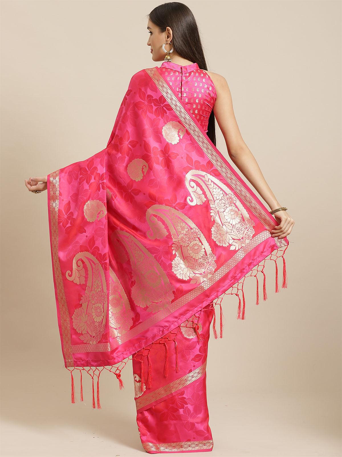 Women's Pink Festive Pure Satin Woven Saree With Unstitched Blouse - Odette