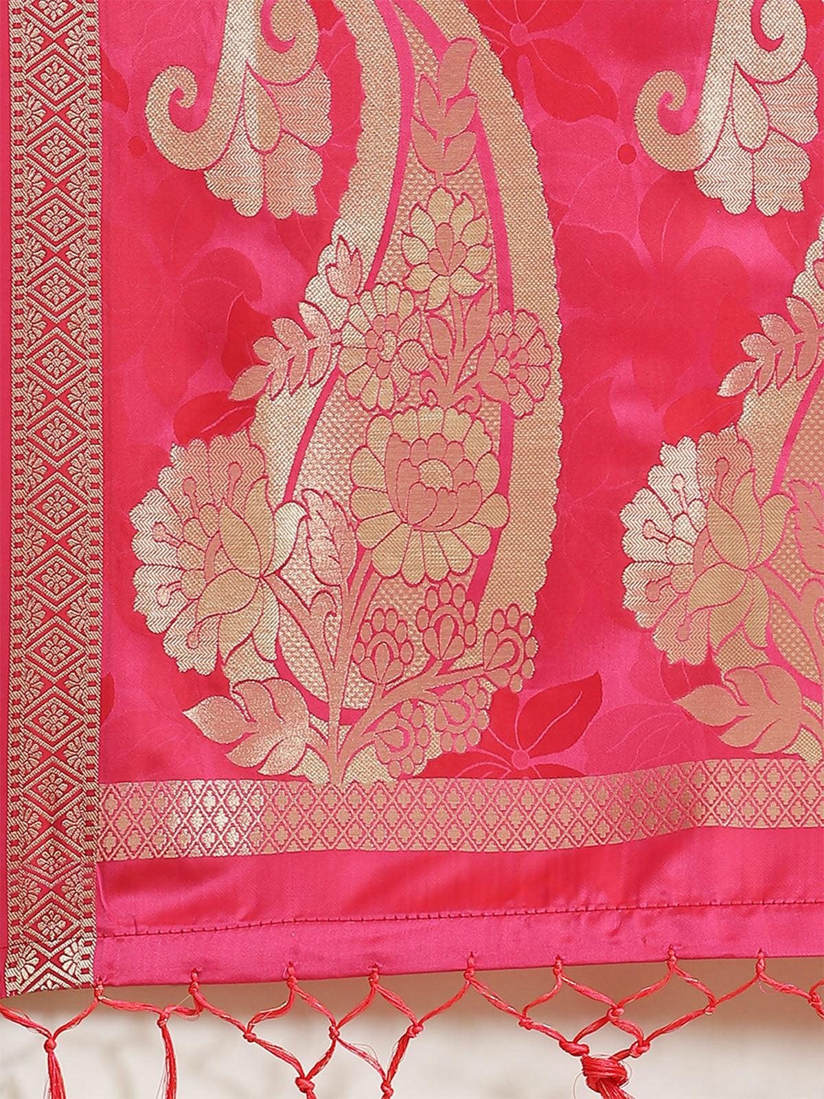 Women's Pink Festive Pure Satin Woven Saree With Unstitched Blouse - Odette