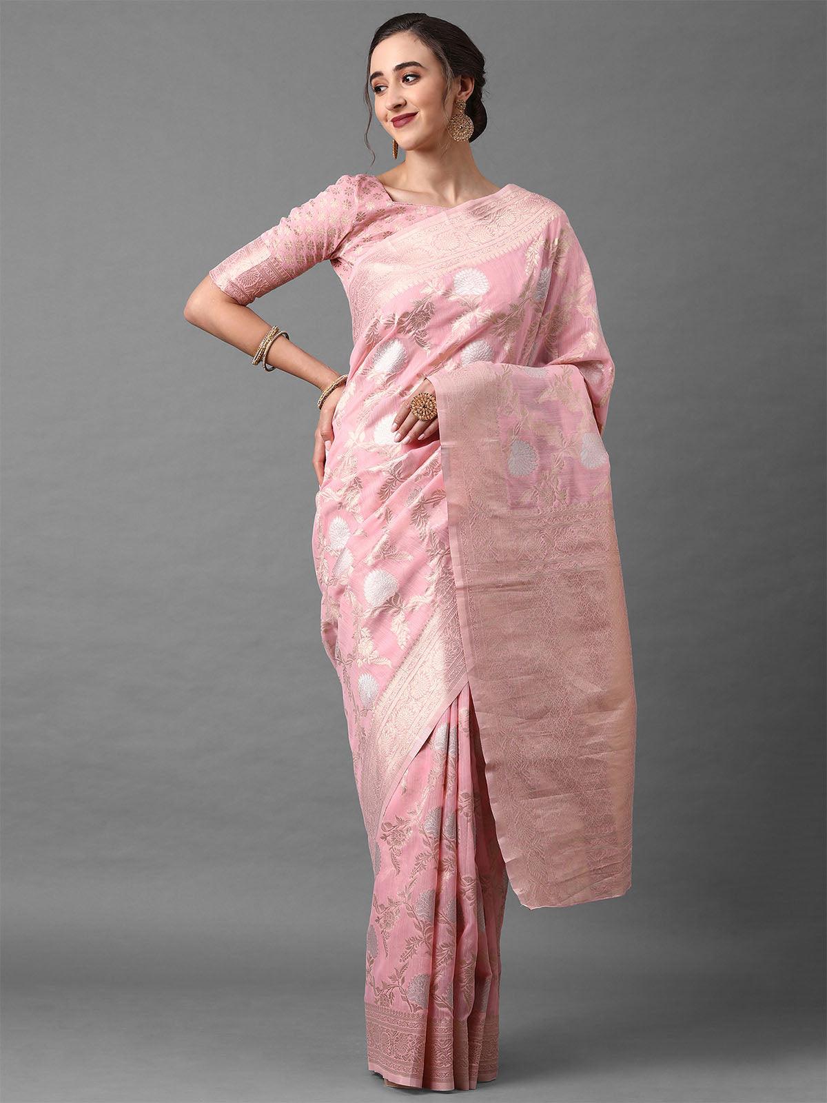 Women's Pink Festive Silk Blend Banarsi Saree With Unstitched Blouse - Odette