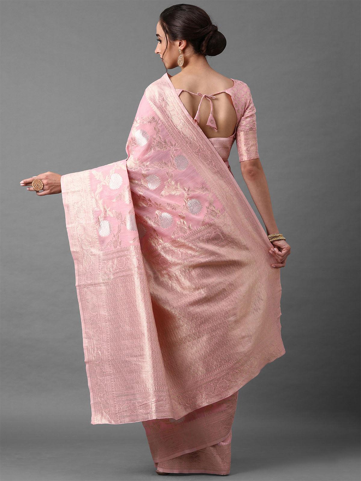 Women's Pink Festive Silk Blend Banarsi Saree With Unstitched Blouse - Odette