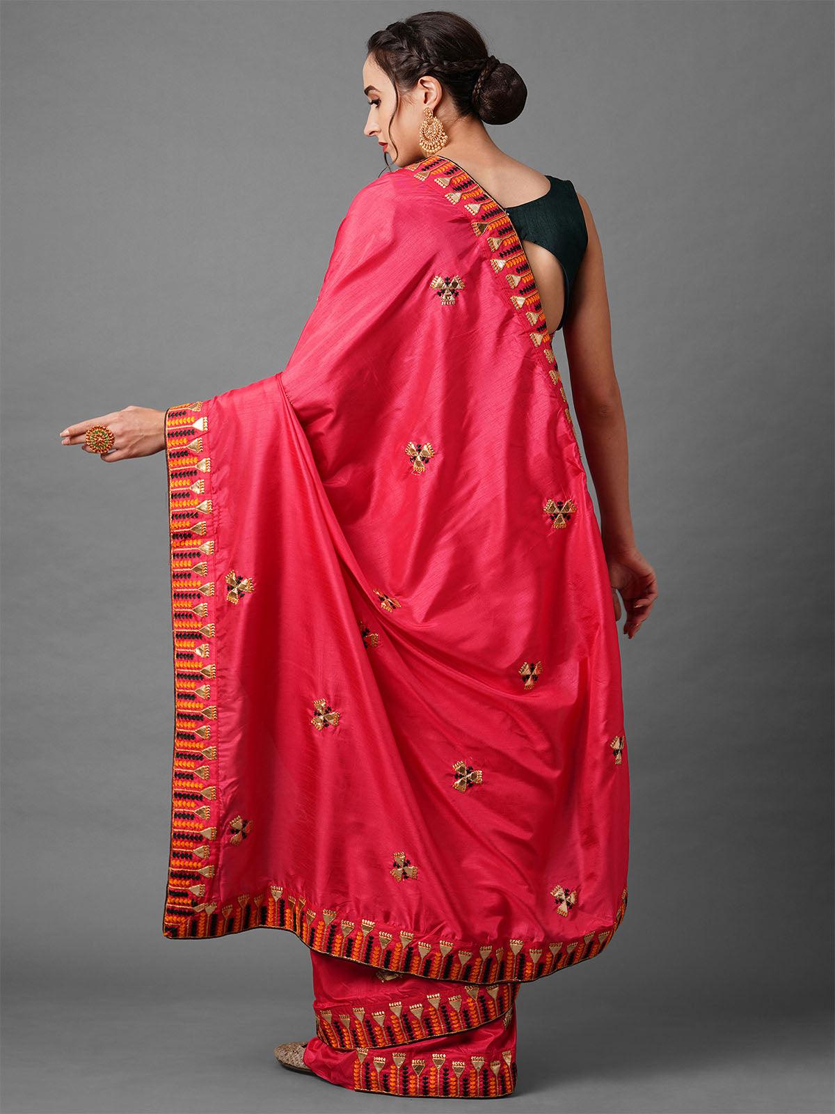 Women's Pink Festive Silk Blend Embroidered Saree With Unstitched Blouse - Odette