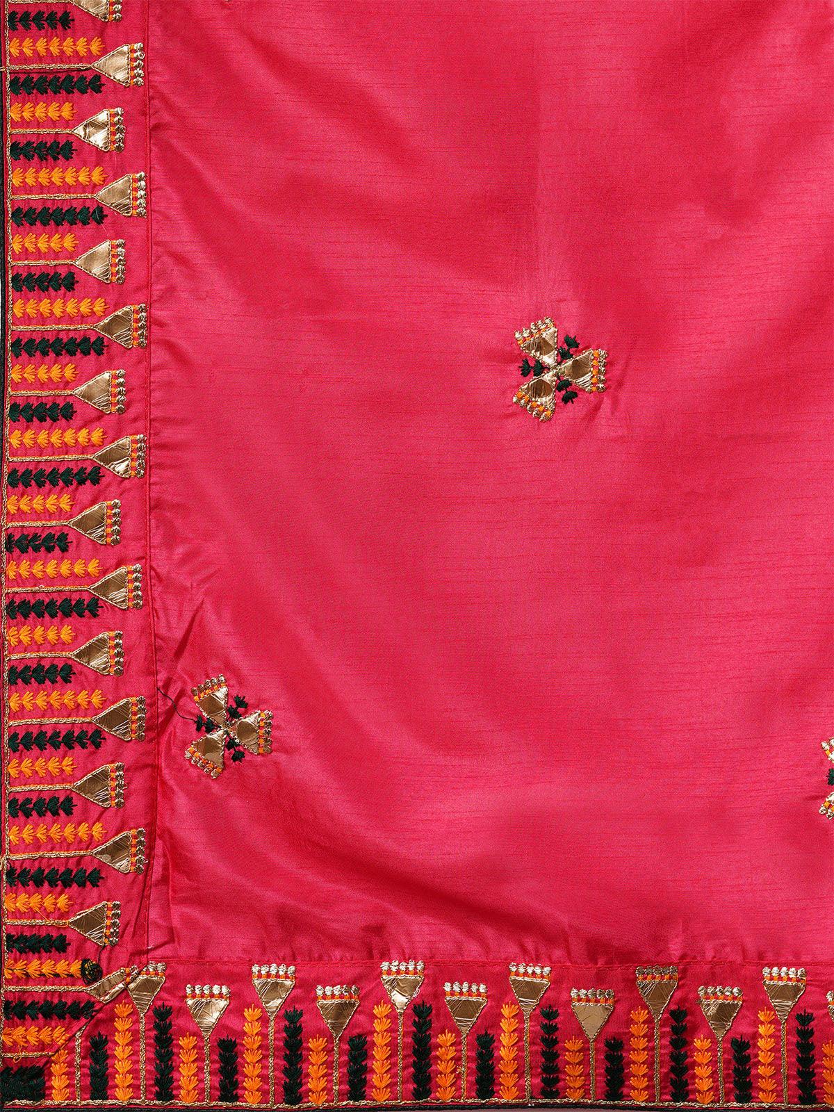 Women's Pink Festive Silk Blend Embroidered Saree With Unstitched Blouse - Odette