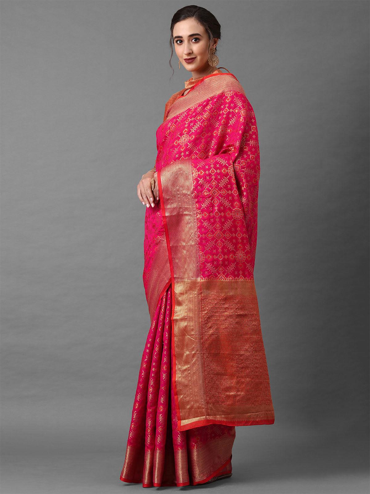 Women's Pink Festive Silk Blend Geometric Saree With Unstitched Blouse - Odette