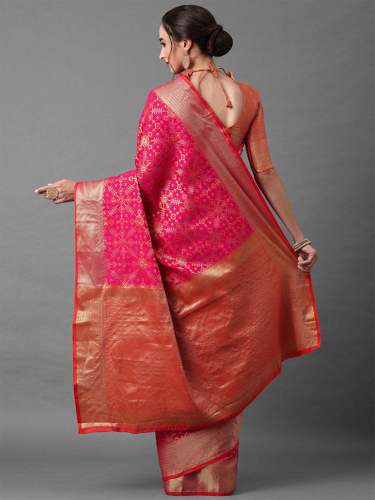 Women's Pink Festive Silk Blend Geometric Saree With Unstitched Blouse - Odette