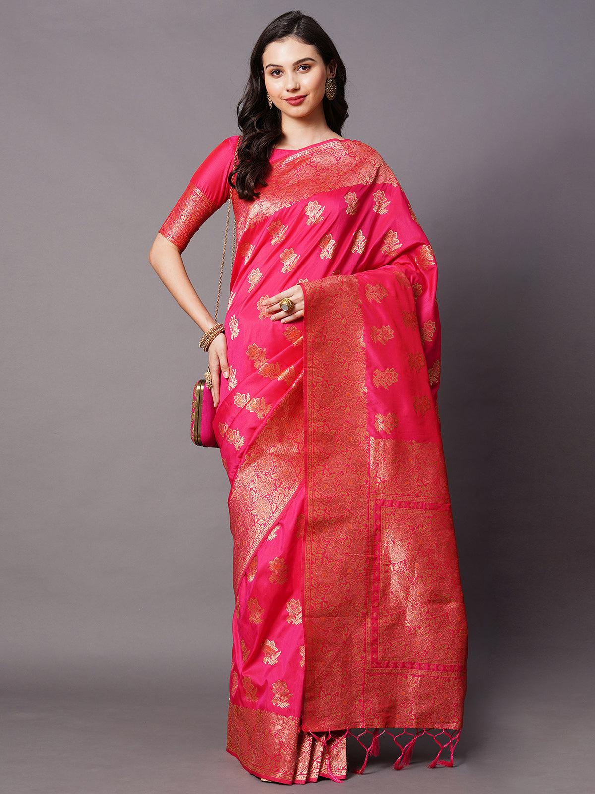 Women's Pink Festive Silk Blend Woven Design Saree With Unstitched Blouse - Odette